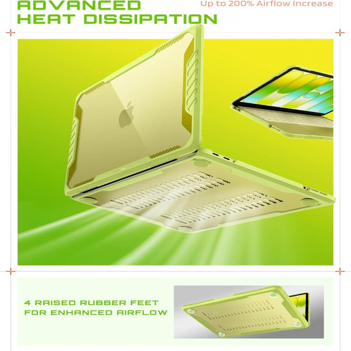 Eine hellgrüne Laptoptasche mit Lüftungsschlitzen zur Wärmeableitung und Gummifüßen auf grünem Hintergrund.