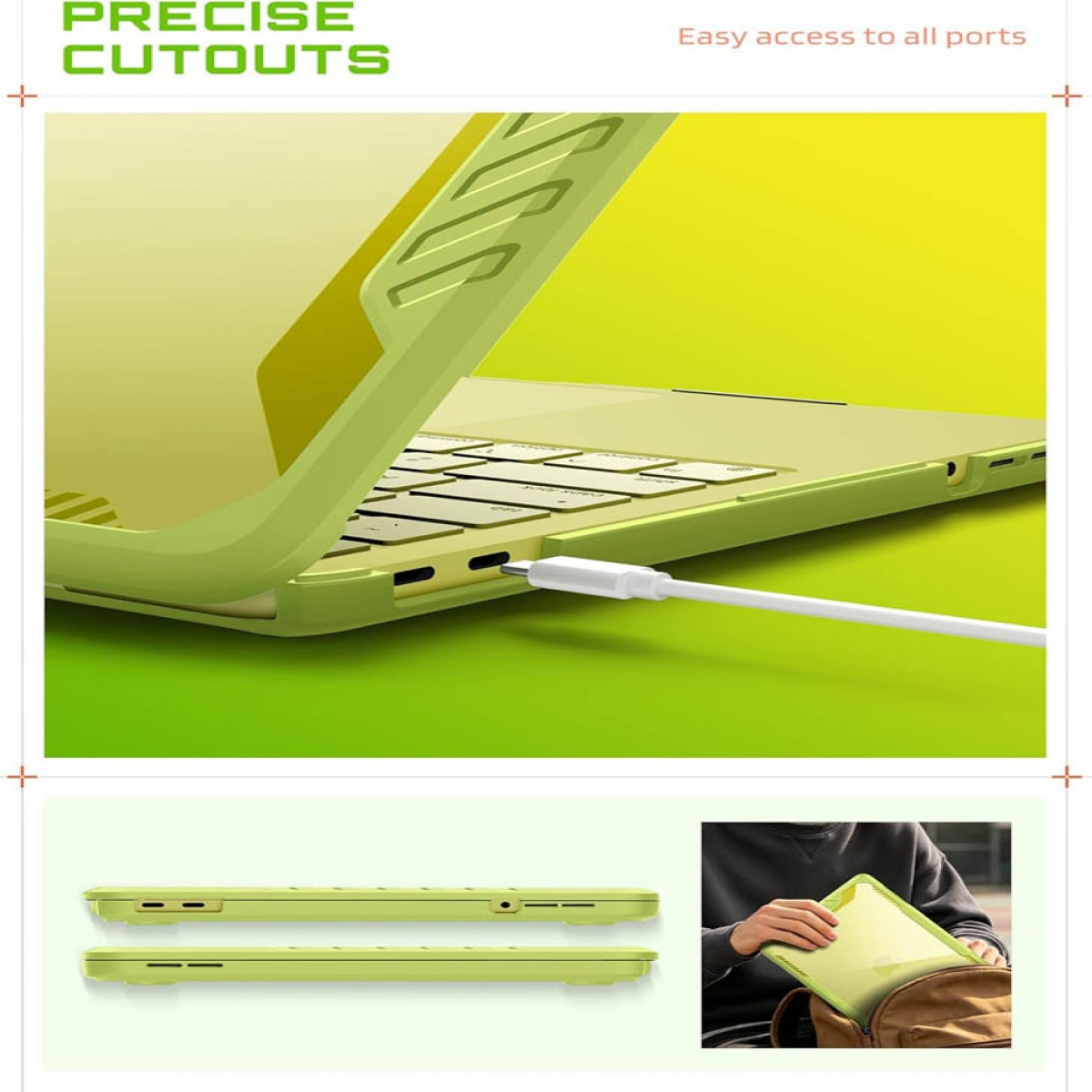 Eine hellgrüne Laptoptasche mit präzisen Ausschnitten, einem eingesteckten Ladekabel und einer Person beim Einpacken.