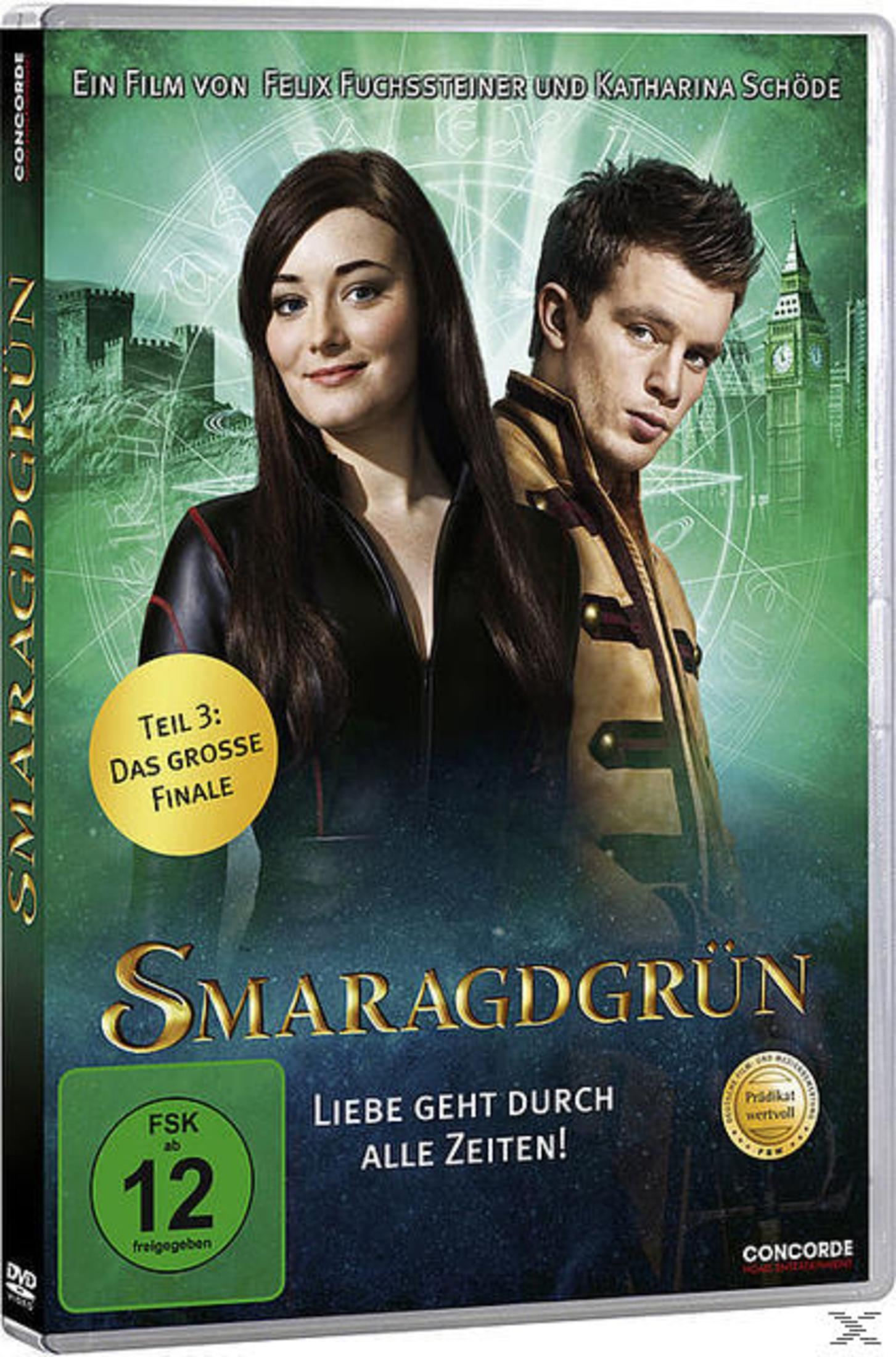 DVD-Cover von Smaragdgrün mit zwei Schauspielern vor grünem Hintergrund, Schlössern und Big Ben.