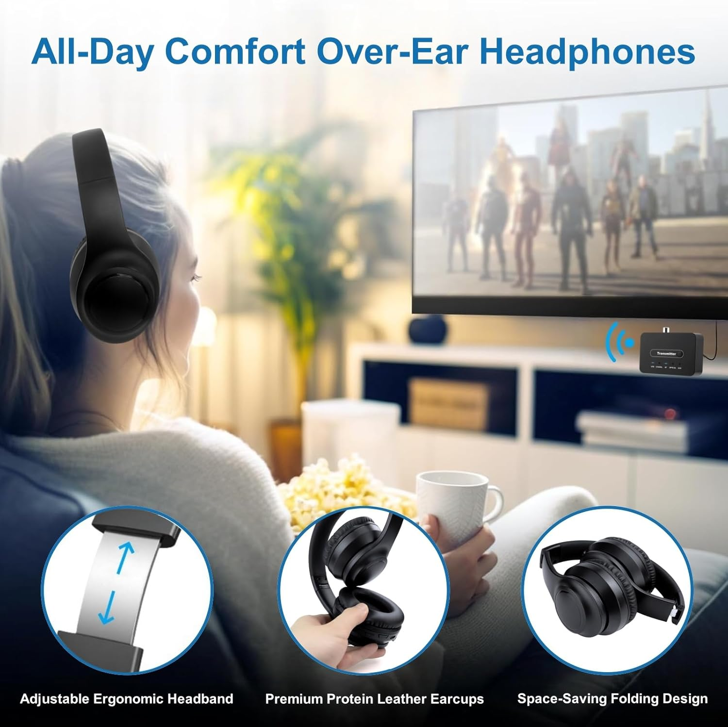 Eine Frau mit schwarzen Over-Ear-Kopfhörern sieht fern, mit drei Funktionskreisen unten, die Produktdetails zeigen.