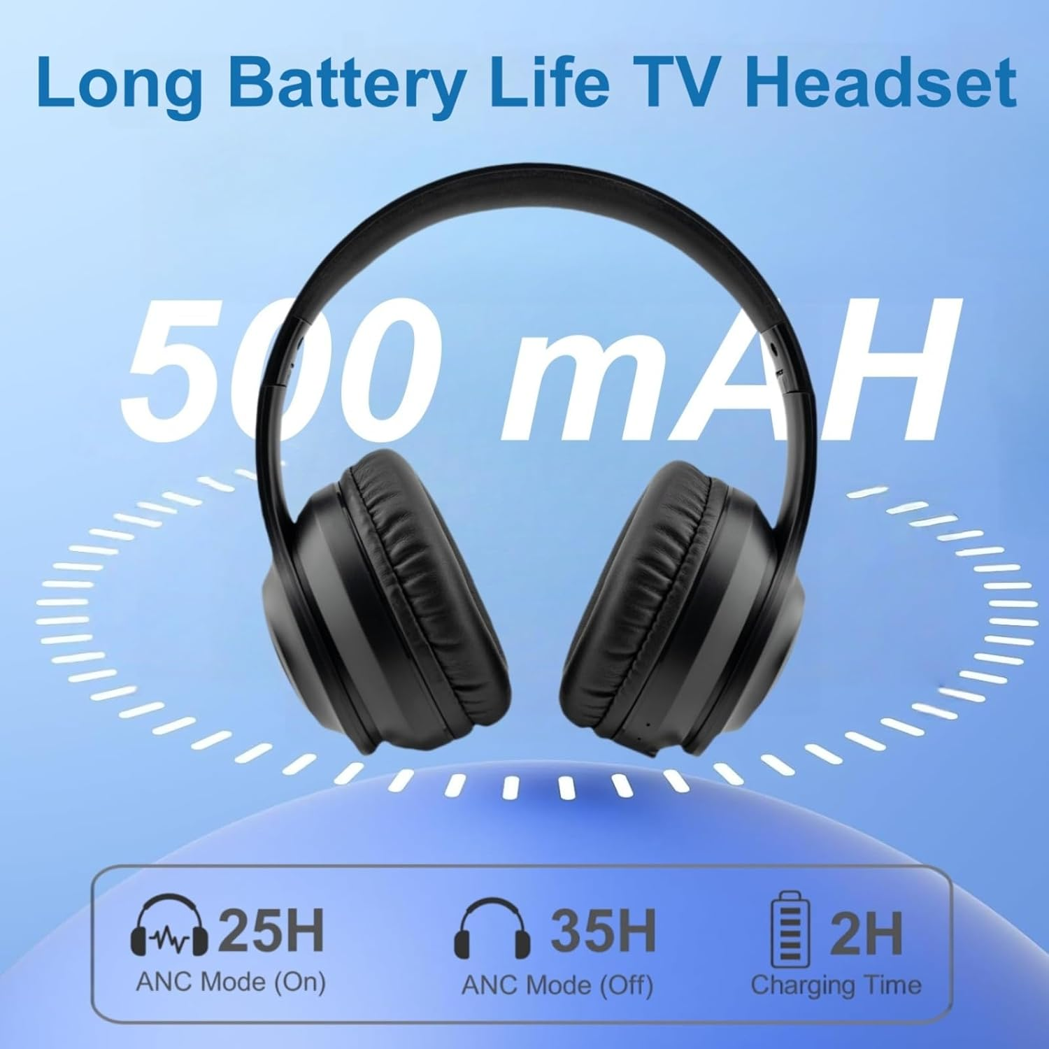 Schwarzer Kopfhörer mit langer Akkulaufzeit, 500 mAh und Funktionsdetails auf blauem Hintergrund.