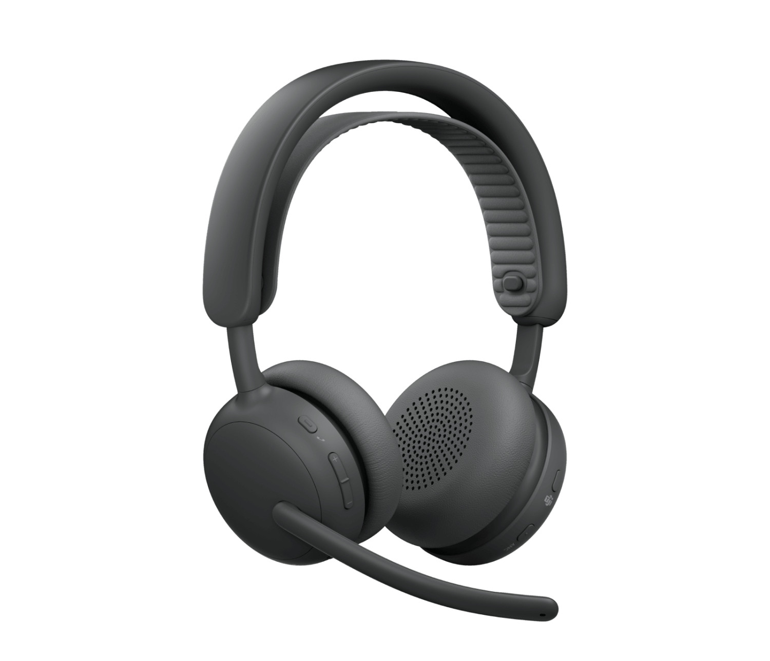 Casque supra-auriculaire noir avec microphone sur perche et arceau rembourré sur fond blanc.