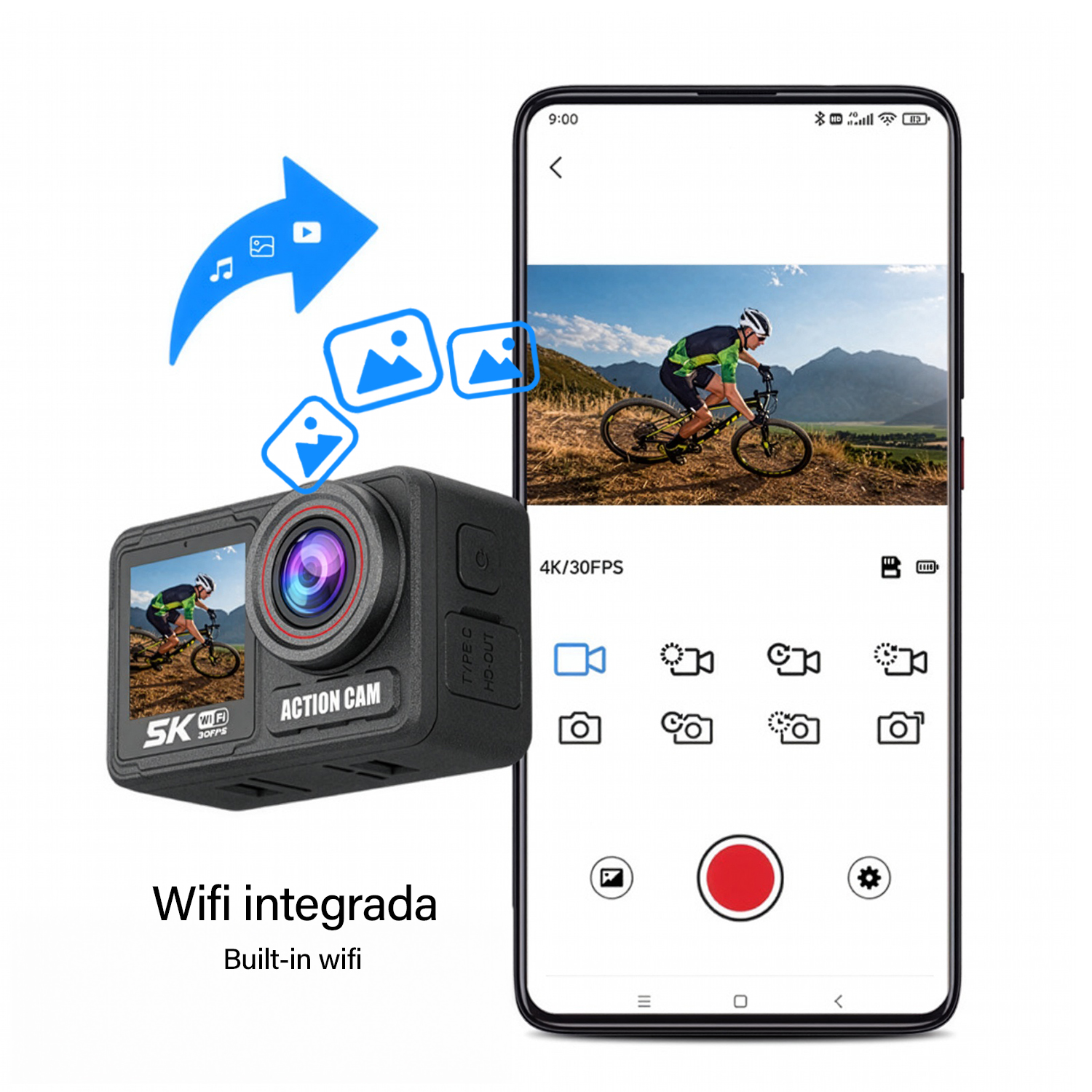 Cámara de acción con wifi integrado y app para transferir archivos.