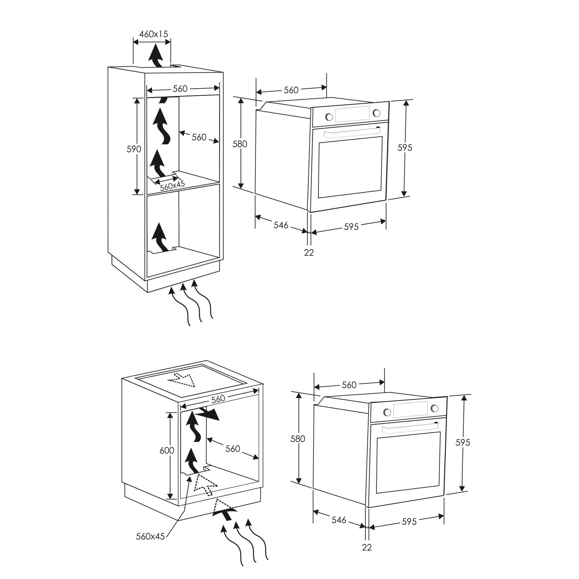 Diagramm mit Installationsmaßen für einen Einbauofen in Schränke.