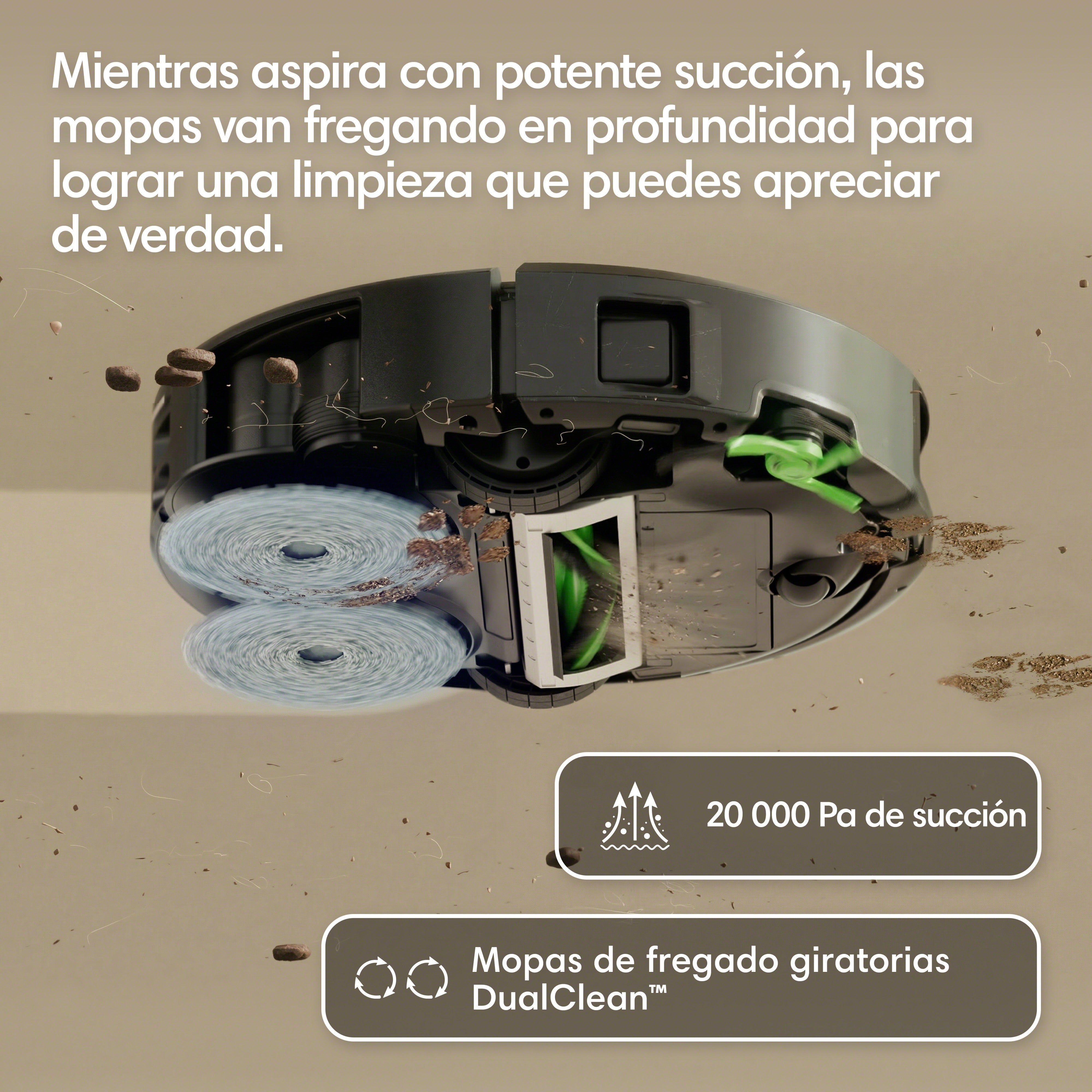 Vista inferior de un robot aspirador negro con mopas giratorias, rodillo de succión y suciedad en el suelo.