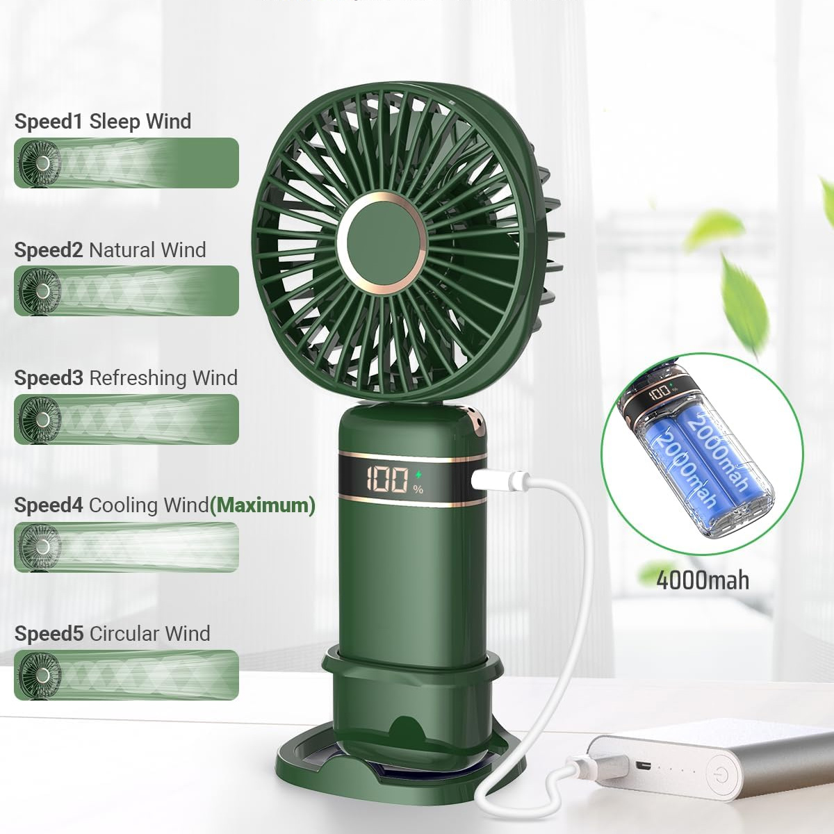 Dunkelgrüner Handventilator mit fünf Windstufen, digitalem Akkuanzeiger, Ladekabel und integriertem 4000mAh Akku.