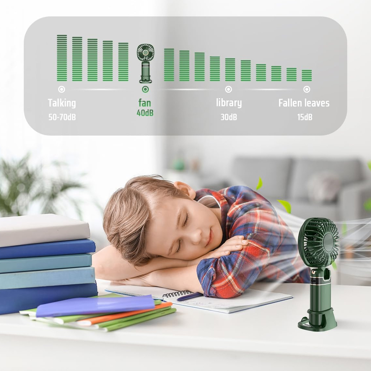 Ein Kind schläft auf einem Schreibtisch neben einem leisen grünen Tischventilator und einem Geräuschpegel-Diagramm.