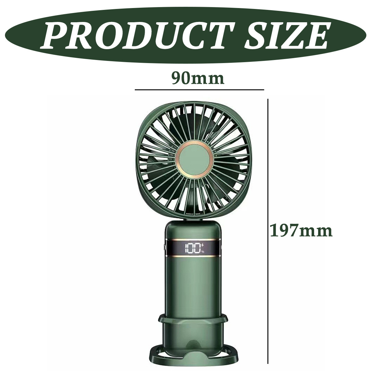 Grüner Handventilator mit LED-Anzeige, Maße 90mm mal 197mm.