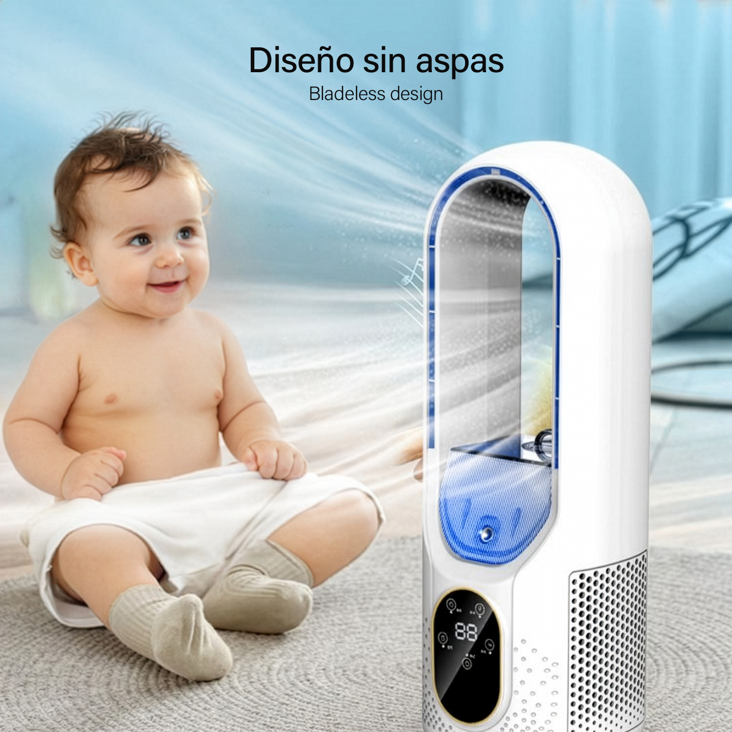 Un bebé feliz sentado en una alfombra junto a un ventilador de torre blanco sin aspas con aire fresco.
