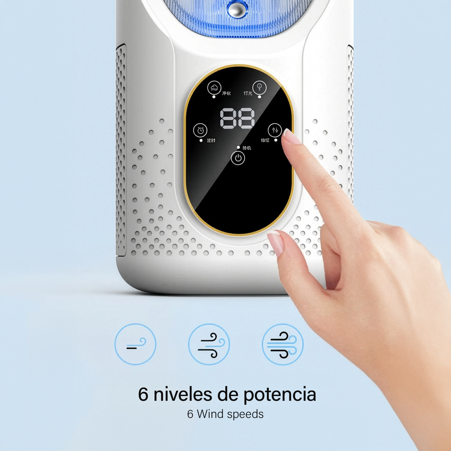 Una mano toca el panel de control digital de un dispositivo blanco con luz azul sobre fondo celeste.