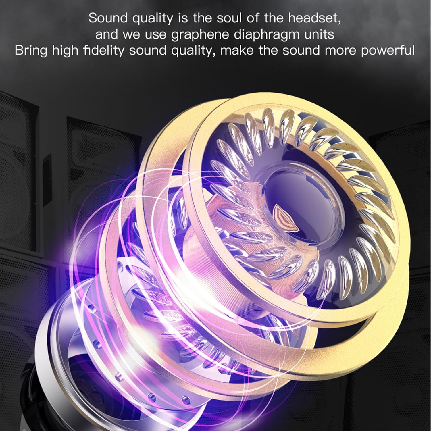 Ein detailliertes Diagramm zeigt die Innenteile eines Kopfhörers mit goldenen und violetten Ringen.