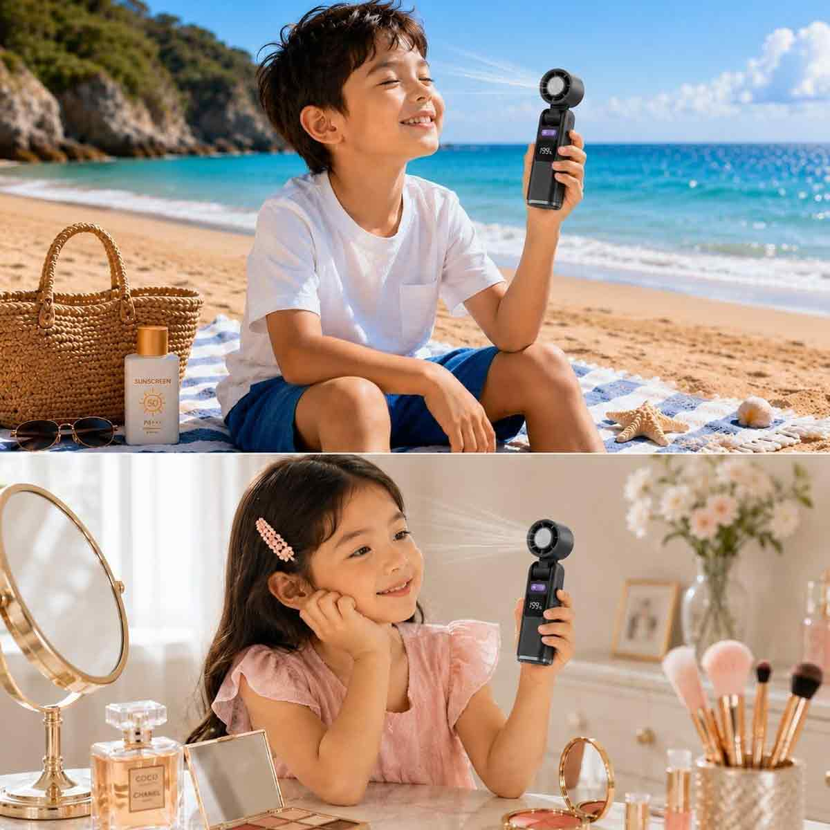 Ein Junge und ein Mädchen benutzen tragbare Sprühventilatoren, einer am Strand und einer drinnen.