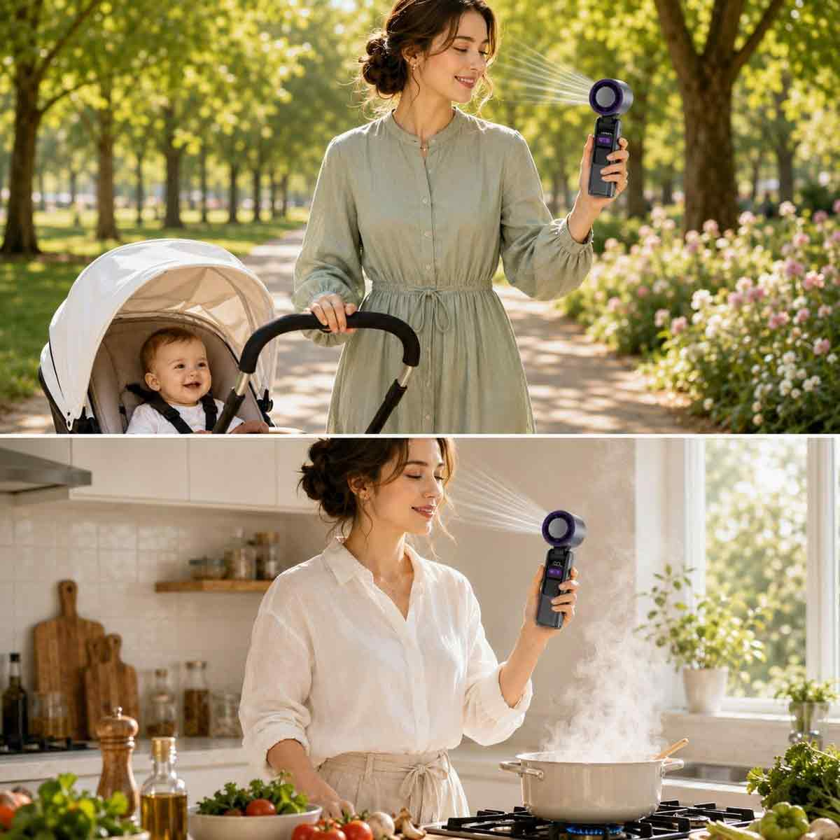 Eine Frau hält einen tragbaren Ventilator, erst im Park mit einem Baby, dann in der Küche beim Kochen.