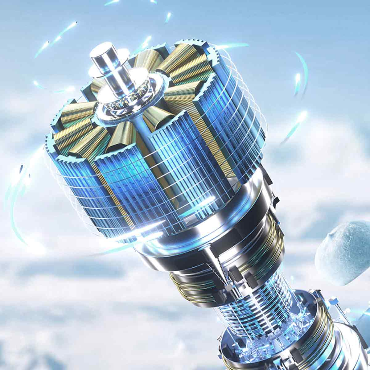 Ein detaillierter, technischer Motor mit blauen und goldenen Wicklungen dreht sich unter hellem Himmel.