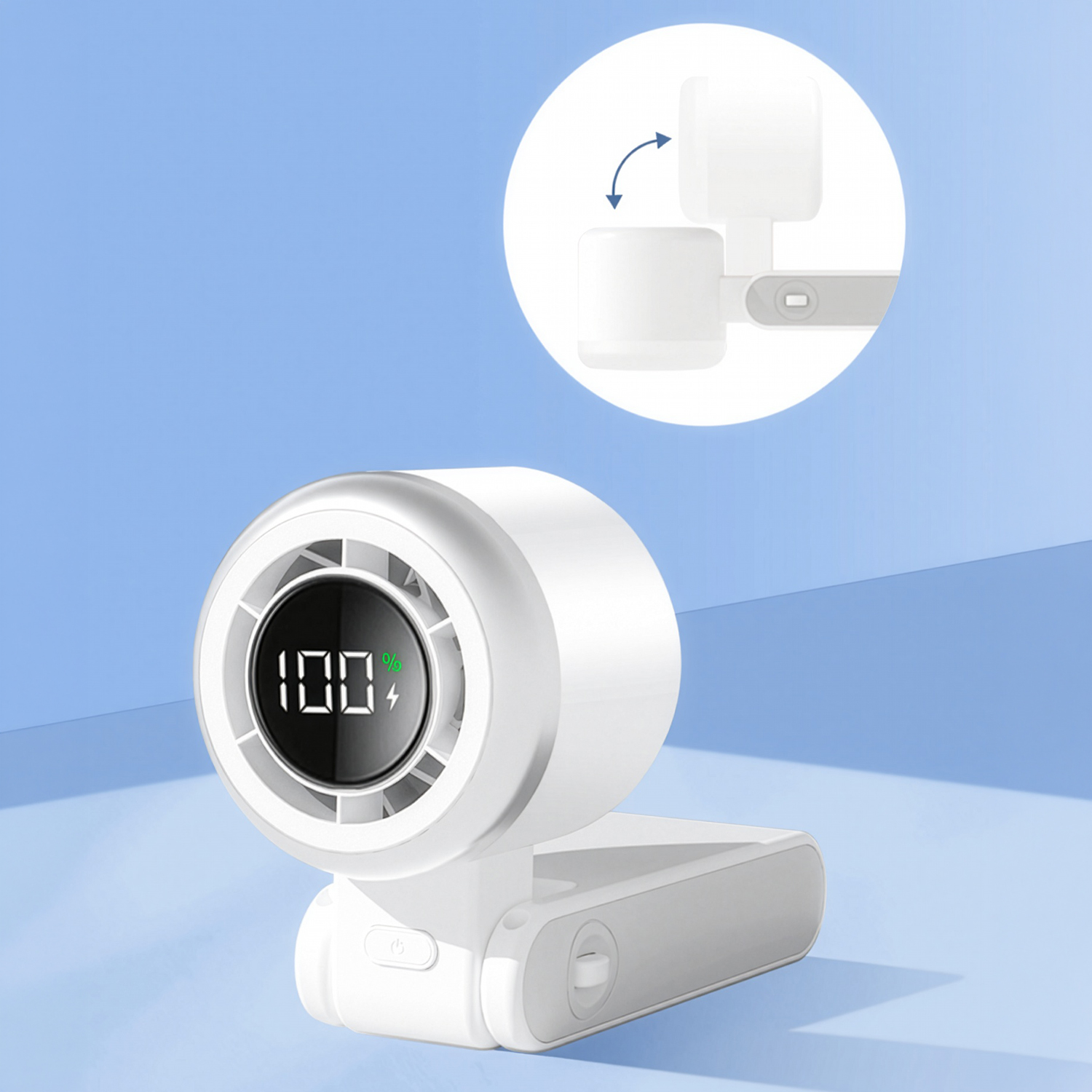 Un mini ventilador de mano blanco con pantalla digital muestra 100% de batería, función plegable arriba.
