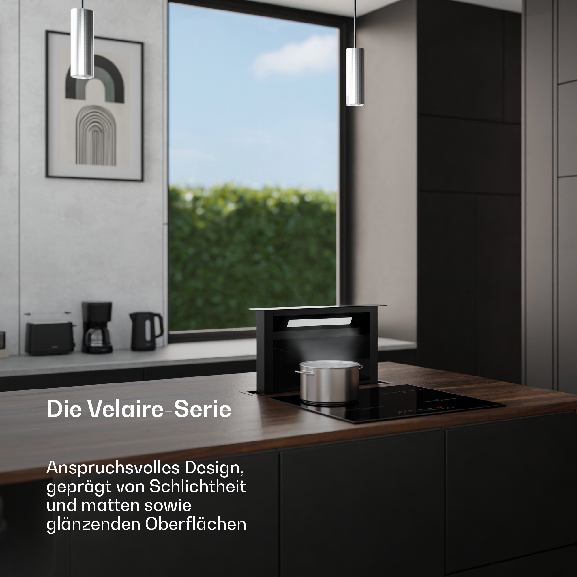 Un'isola da cucina moderna con piano in legno scuro, piano cottura a induzione e pentola, con testo.