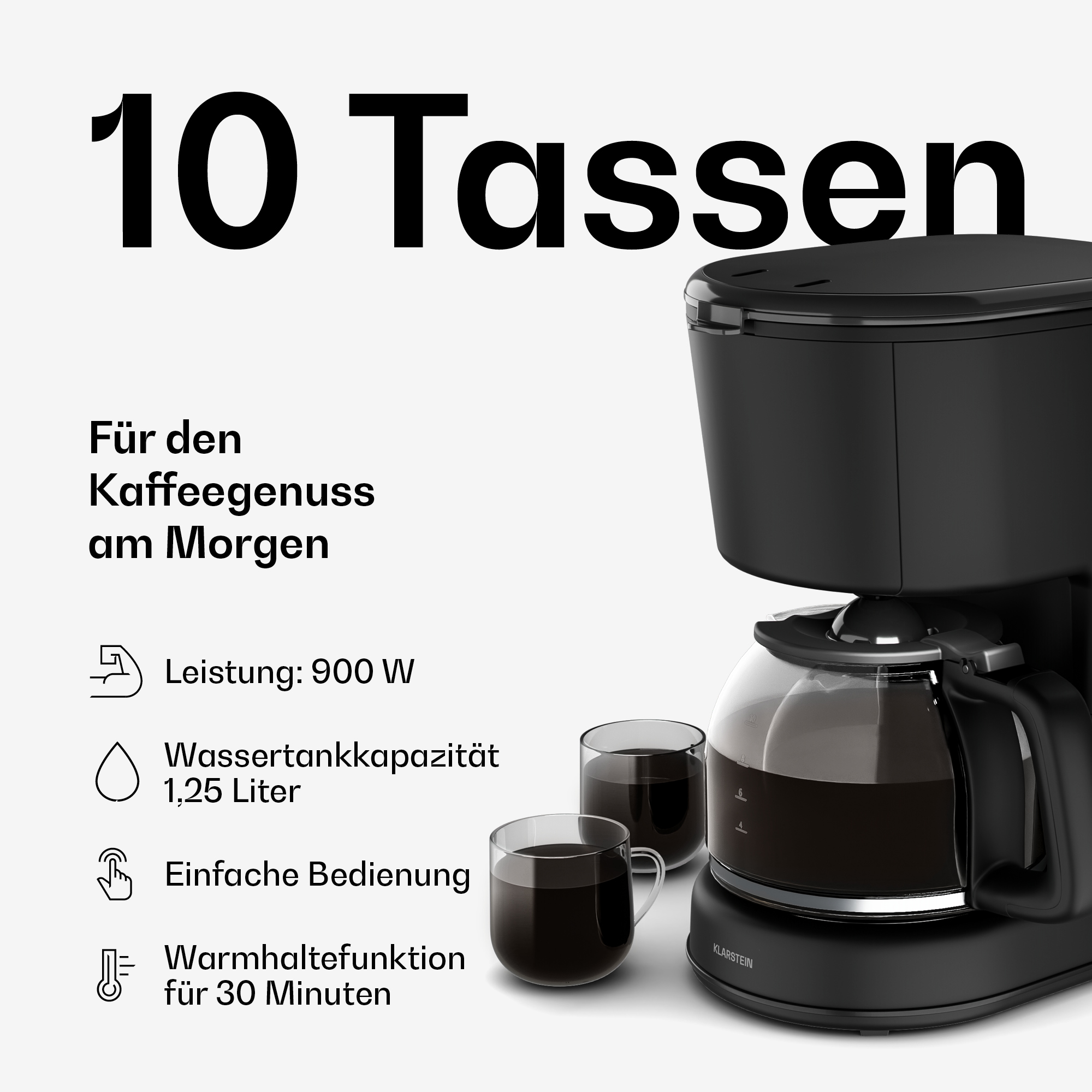 Caffettiera a filtro nera con caraffa e due tazze di caffè su sfondo bianco, accompagnata da dettagli del prodotto in tedesco.