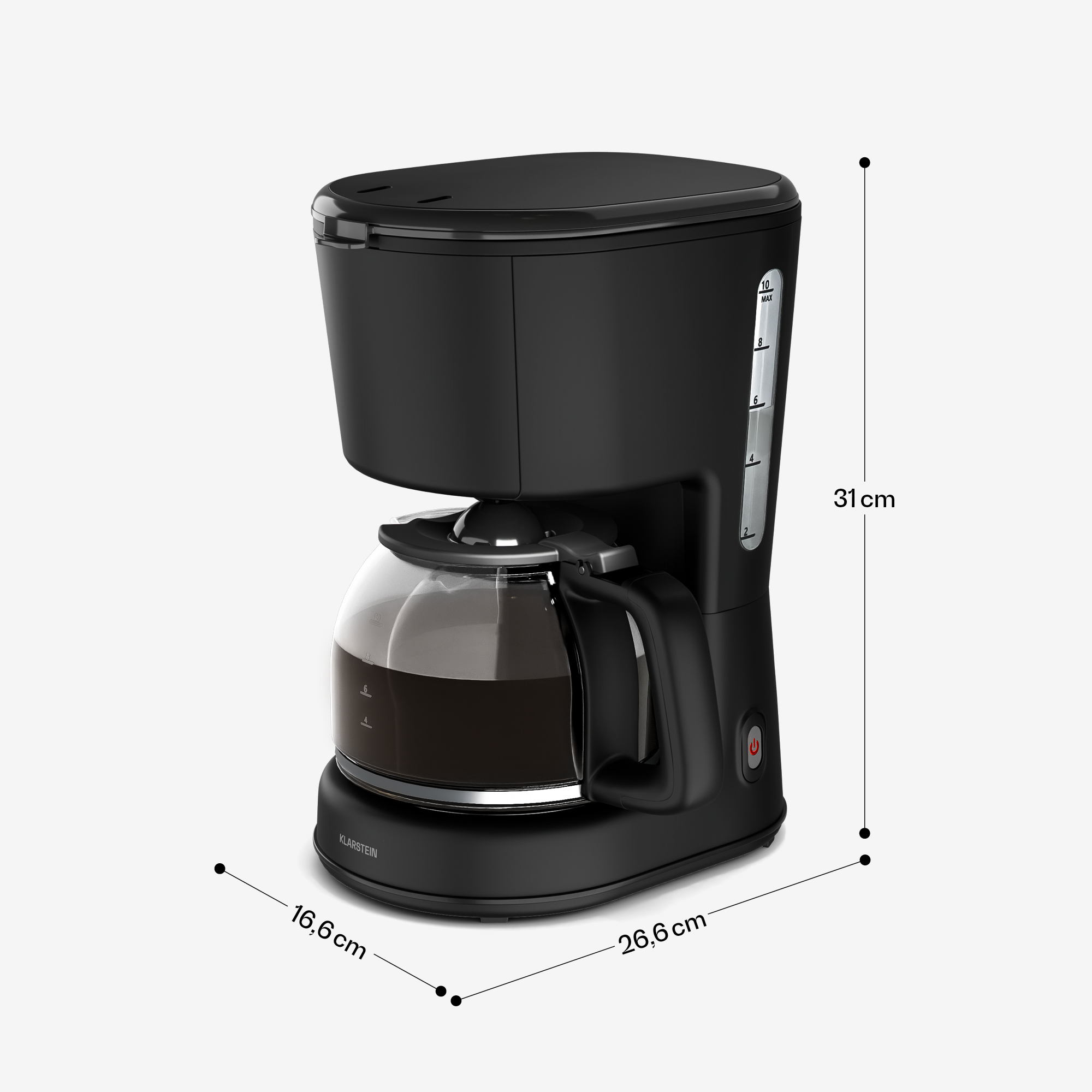 Caffettiera nera con caraffa in vetro e dimensioni in centimetri su sfondo bianco.