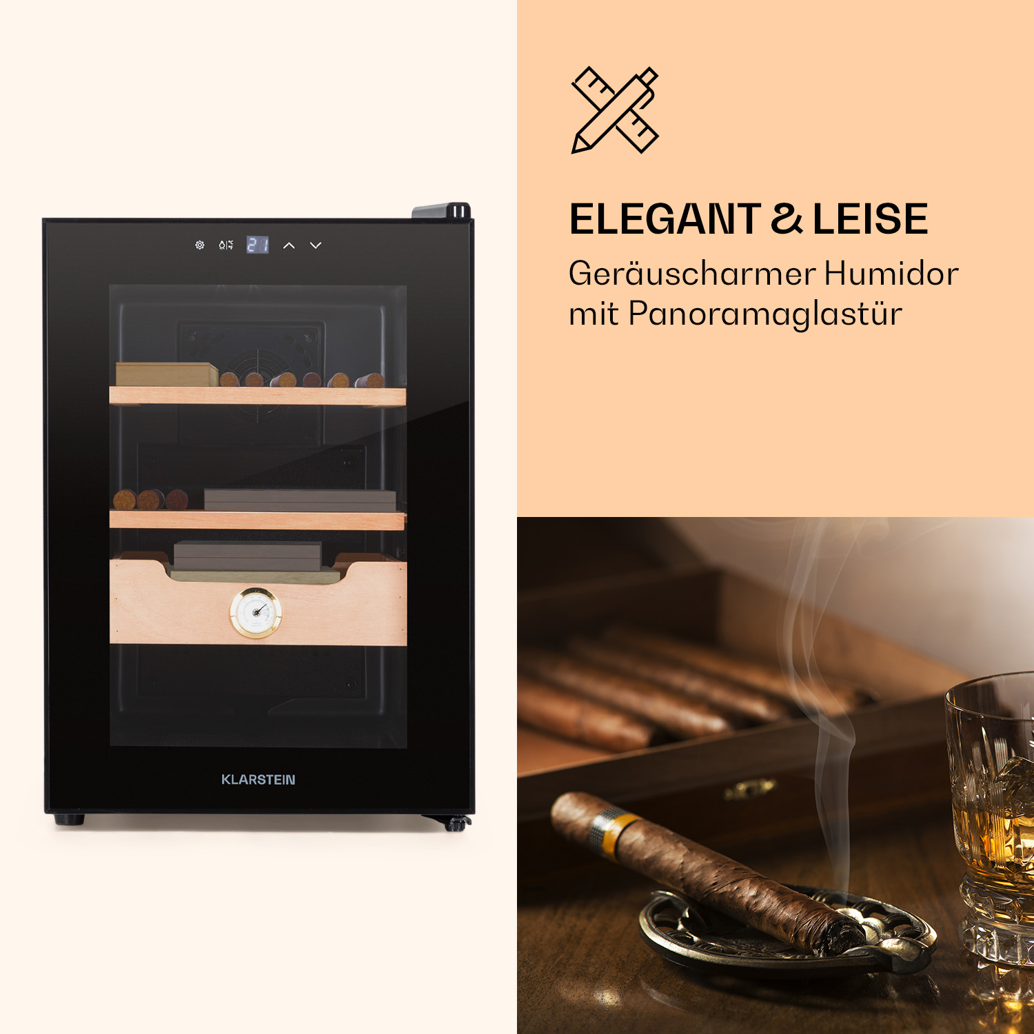 Umidificatore nero con ripiani in legno, sigaro fumante, posacenere e bicchiere di whisky.