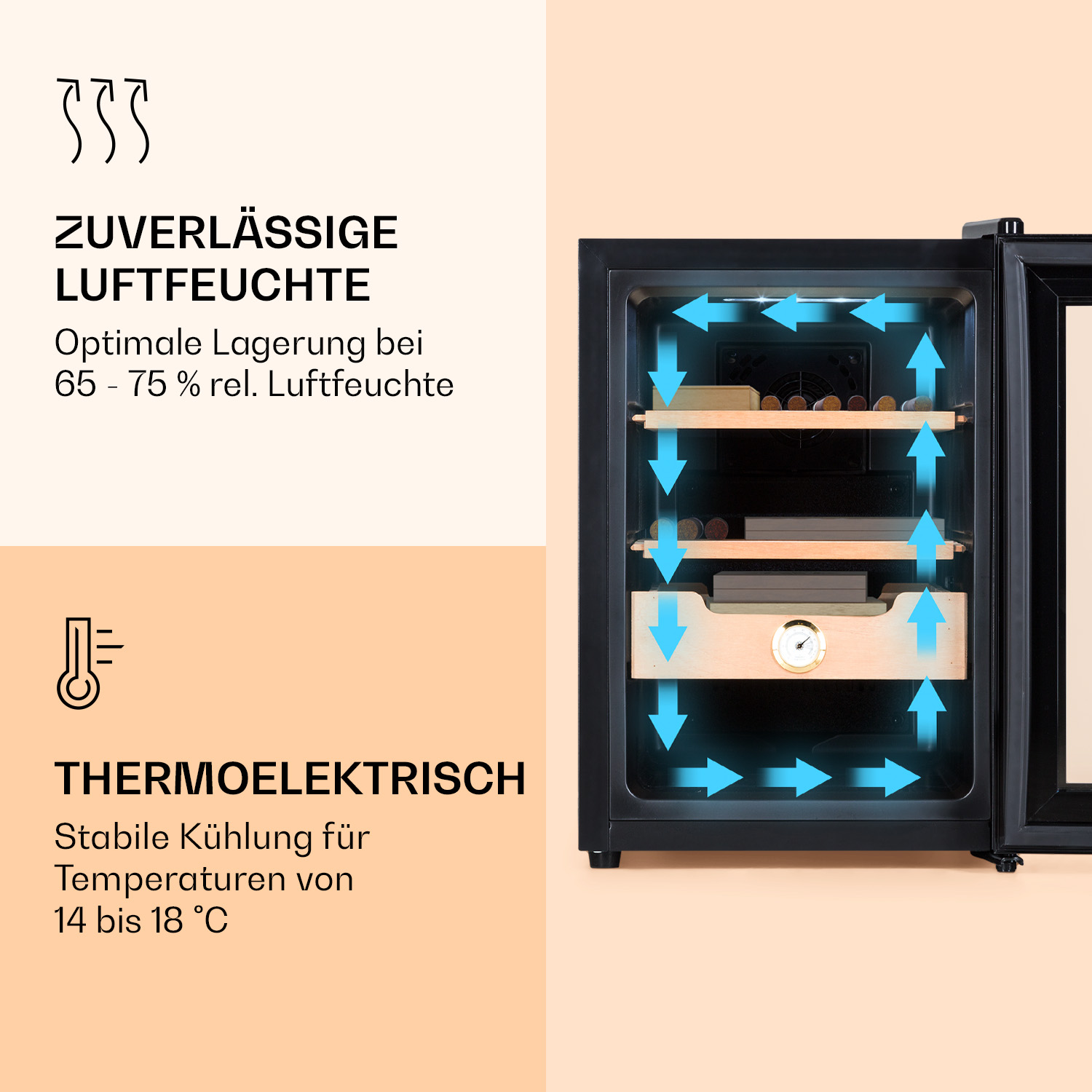 Un humidor nero con ripiani in legno e sigari, con frecce blu che indicano il flusso d'aria.