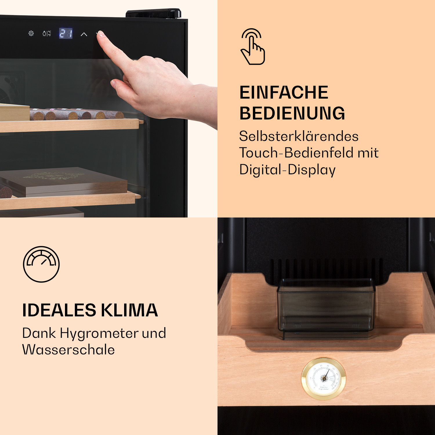Un humidor con controllo touch, display digitale, igrometro e vaschetta d'acqua.
