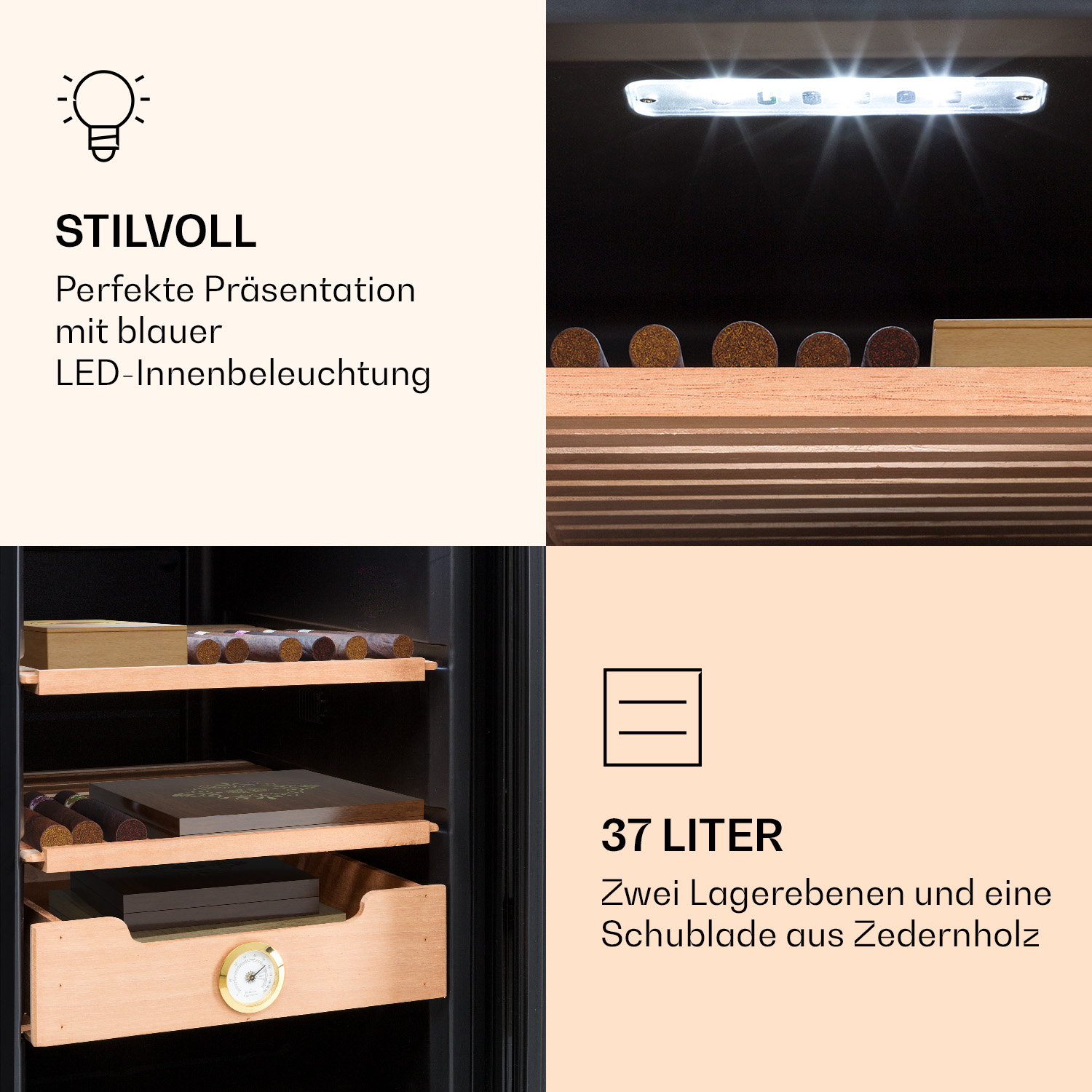 Elegante humidor con illuminazione LED blu, capacità di 37 litri, cassetti in legno di cedro e due ripiani.