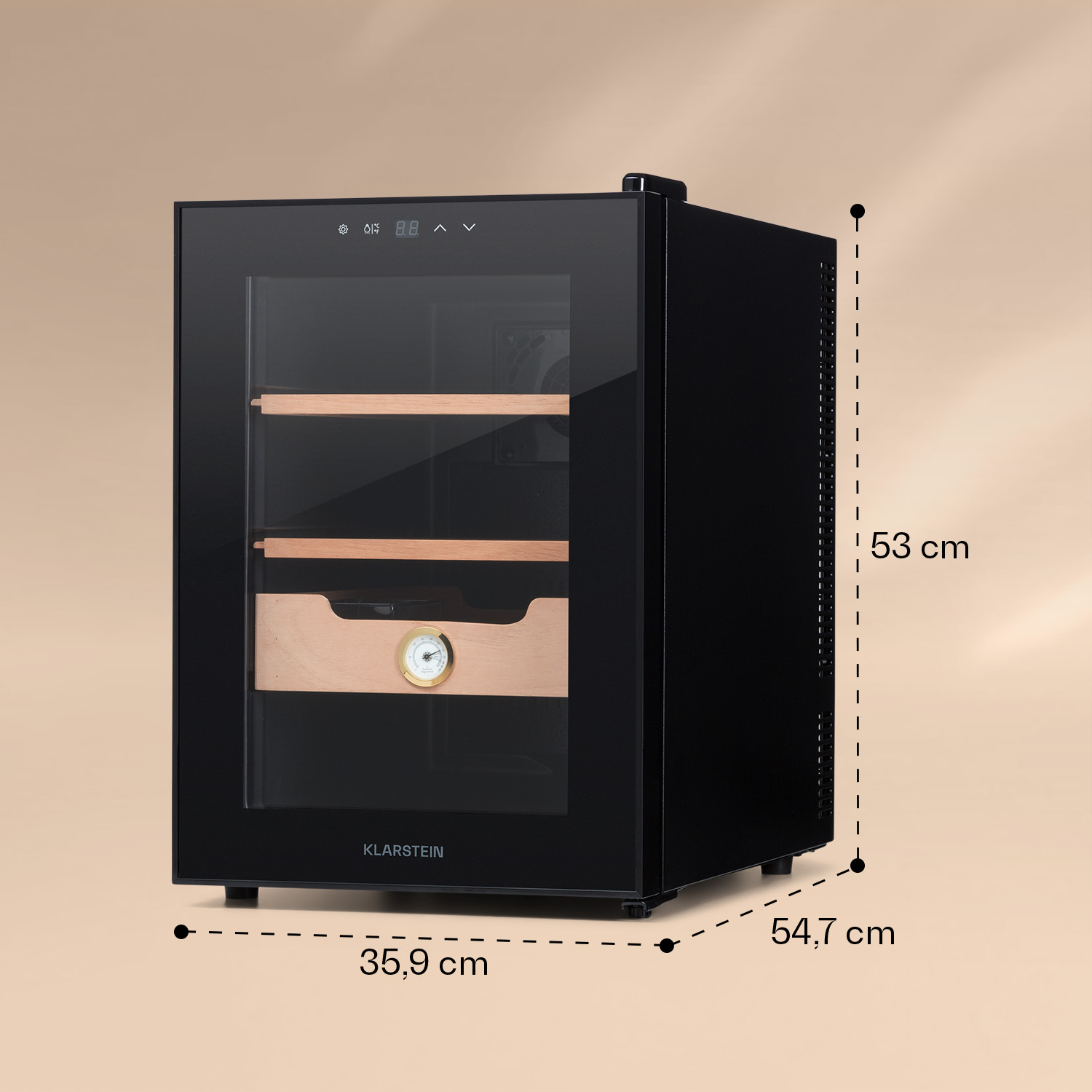 Umidificatore nero Klarstein con ripiani in legno, display digitale e dimensioni di 35,9 x 54,7 x 53 cm.