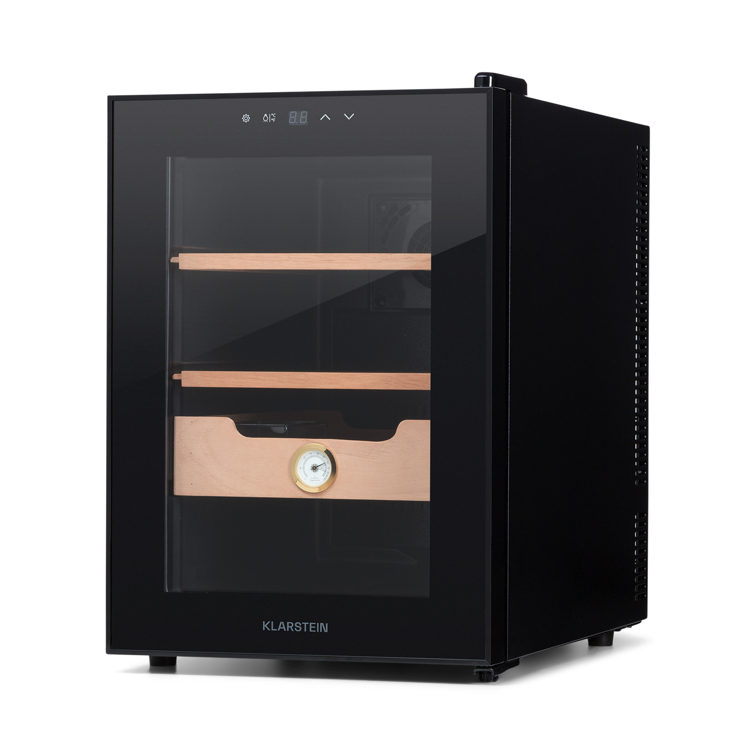 Un humidor per sigari Klarstein nero con porta in vetro, ripiani in legno e igrometro integrato.