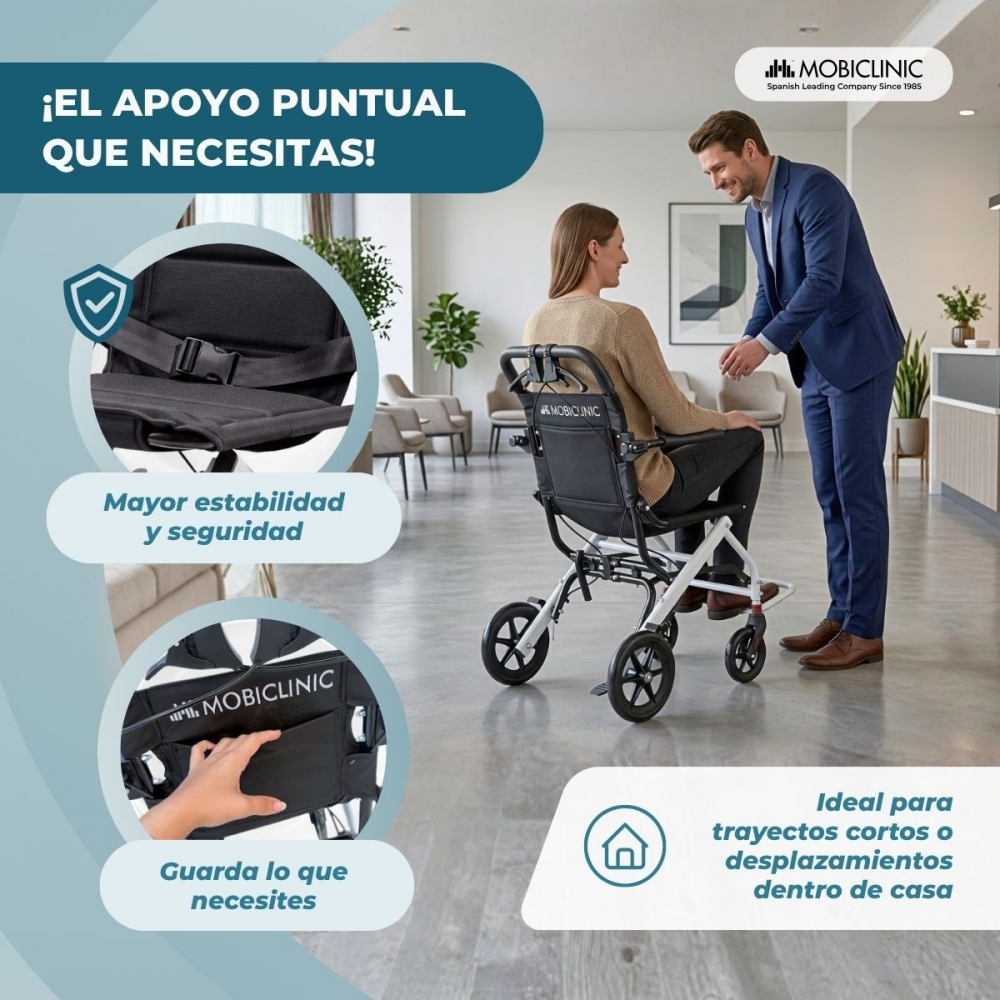 Un hombre con traje ayuda a una mujer en silla de ruedas en un interior moderno, con dos vistas detalladas.