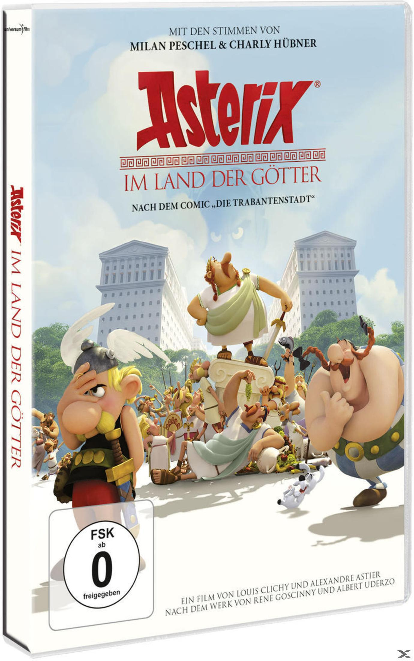 DVD-Cover von Asterix im Land der Götter mit animierten Figuren, römischen Gebäuden und blauem Himmel.