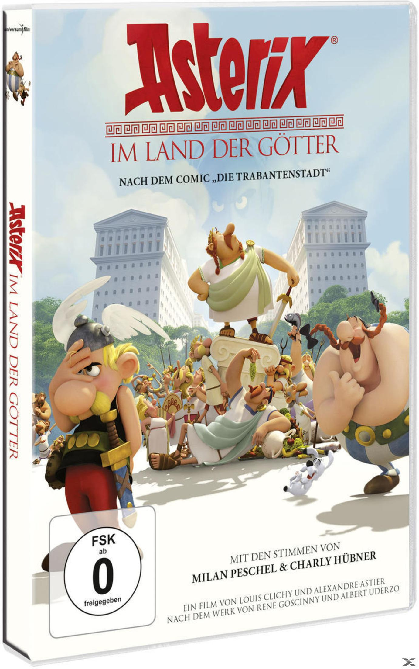 DVD-Cover von Asterix im Land der Götter mit Asterix, Obelix und Römern vor modernen Gebäuden.