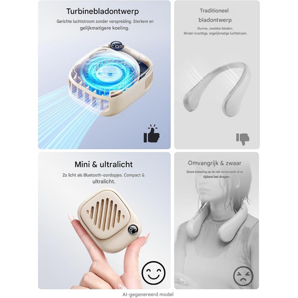 Vergleich eines modernen Mini-Nackenventilators mit traditionellen Modellen anhand von Produktbildern.