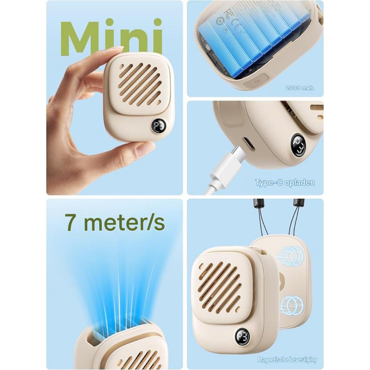 Ein kleiner beiger Ventilator mit Batterie, USB-C-Anschluss und magnetischer Halterung.