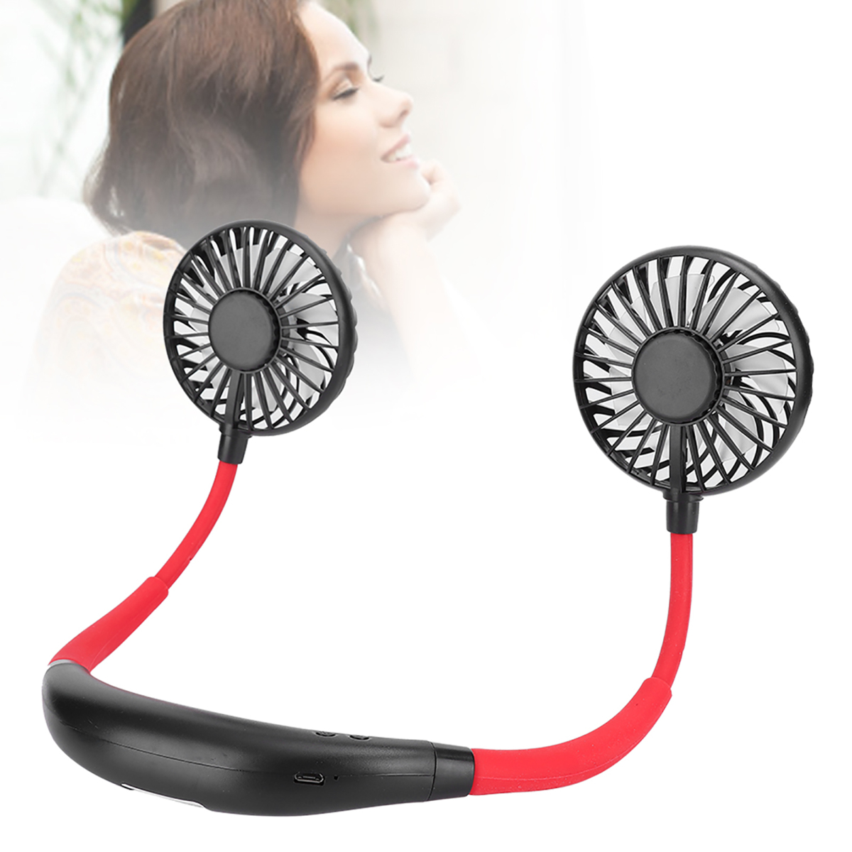Tragbarer Nackenfächer mit schwarzem Griff, roten flexiblen Armen und zwei kleinen Ventilatoren.
