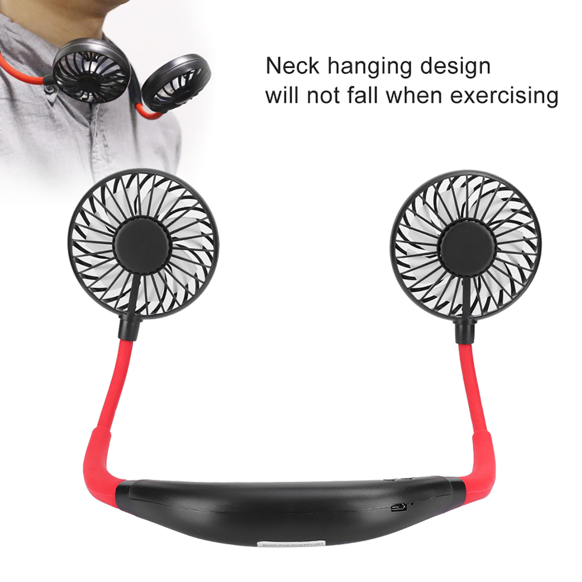 Um den Hals gehängter roter und schwarzer persönlicher Ventilator mit zwei verstellbaren Köpfen.