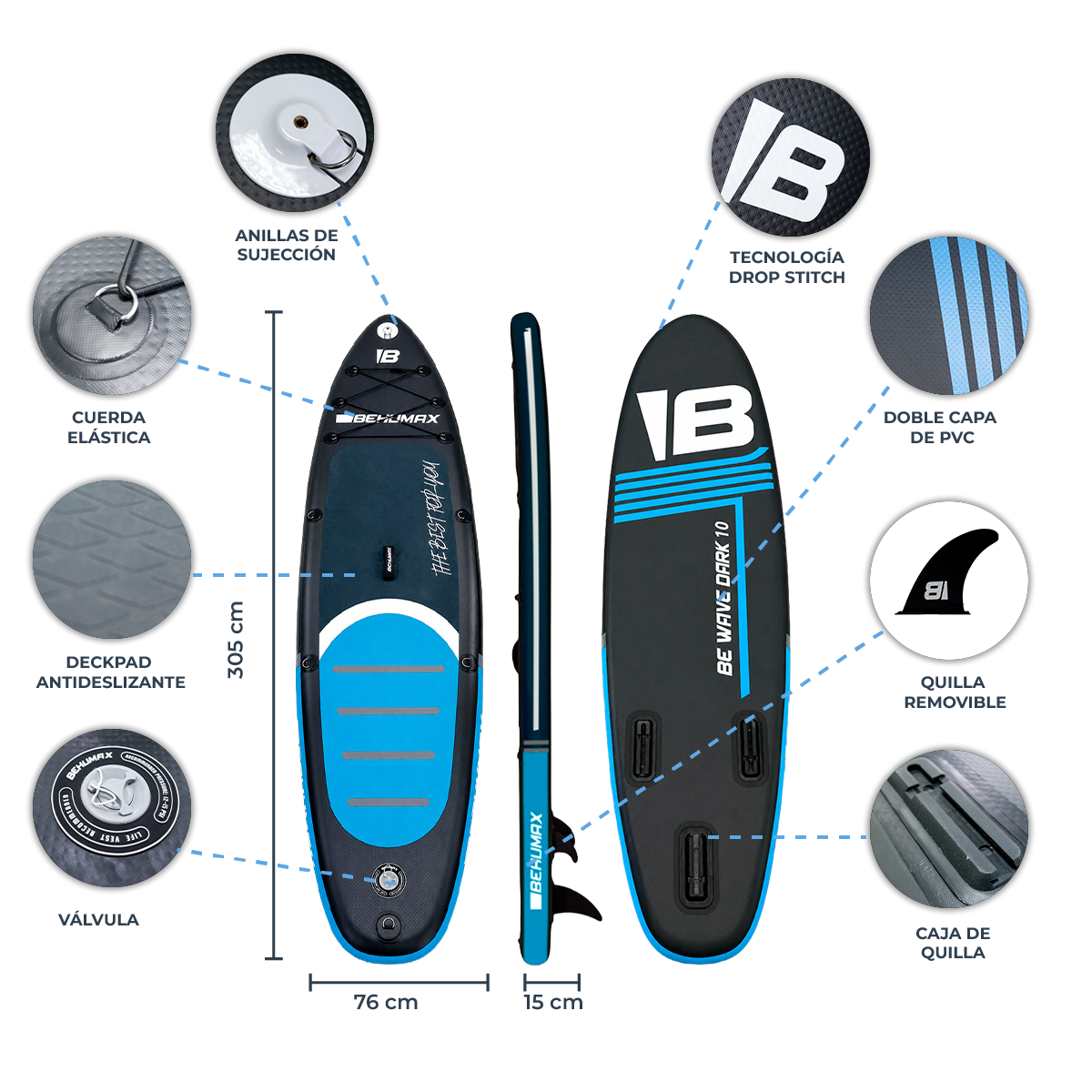 Diagrama de una tabla de paddle surf con detalles, dimensiones y características etiquetadas en español.