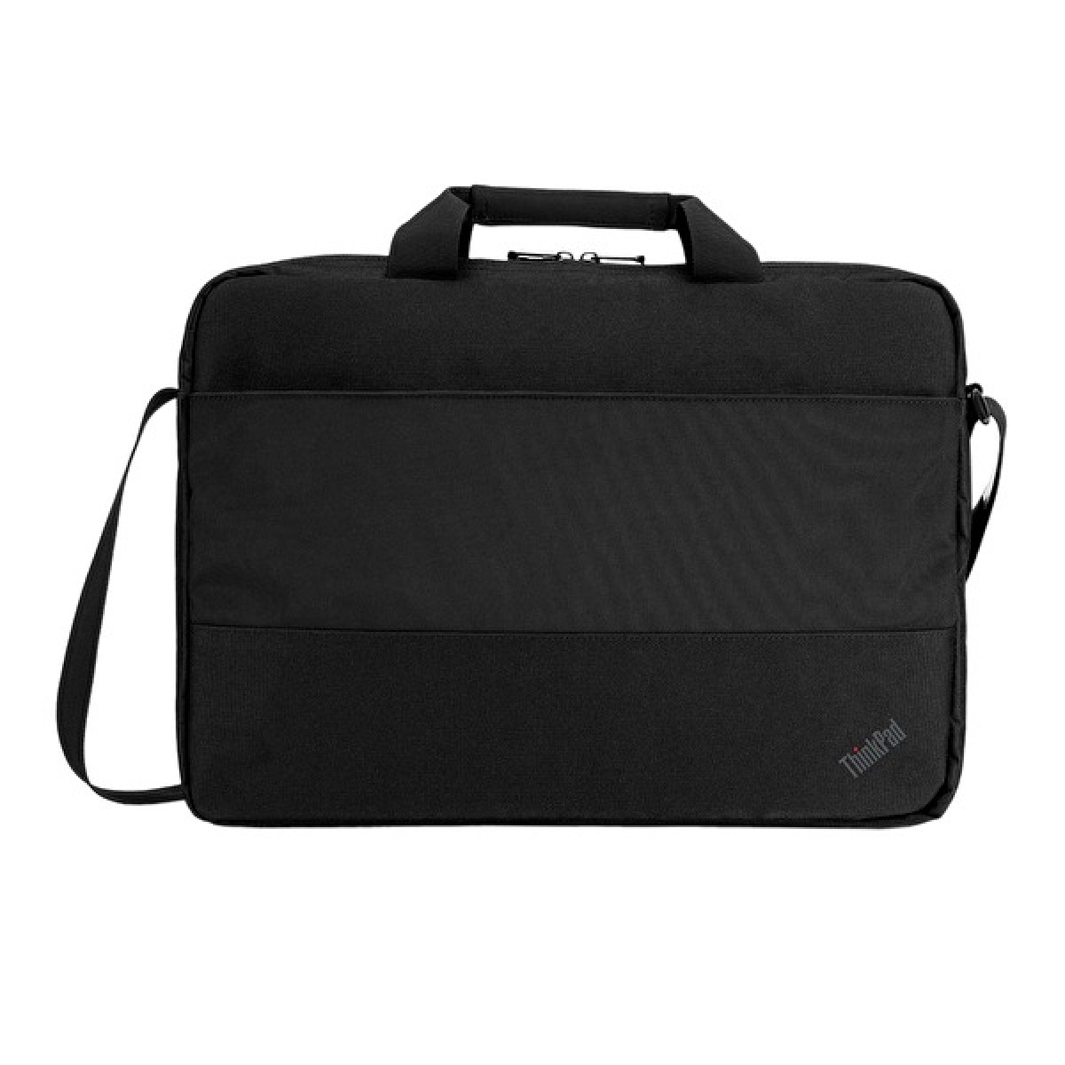 Beyaz arka planda taşıma saplı ve omuz askılı siyah laptop çantası.