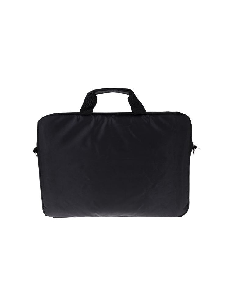 Beyaz arka plan üzerinde kulplu, düz siyah bir laptop çantası.