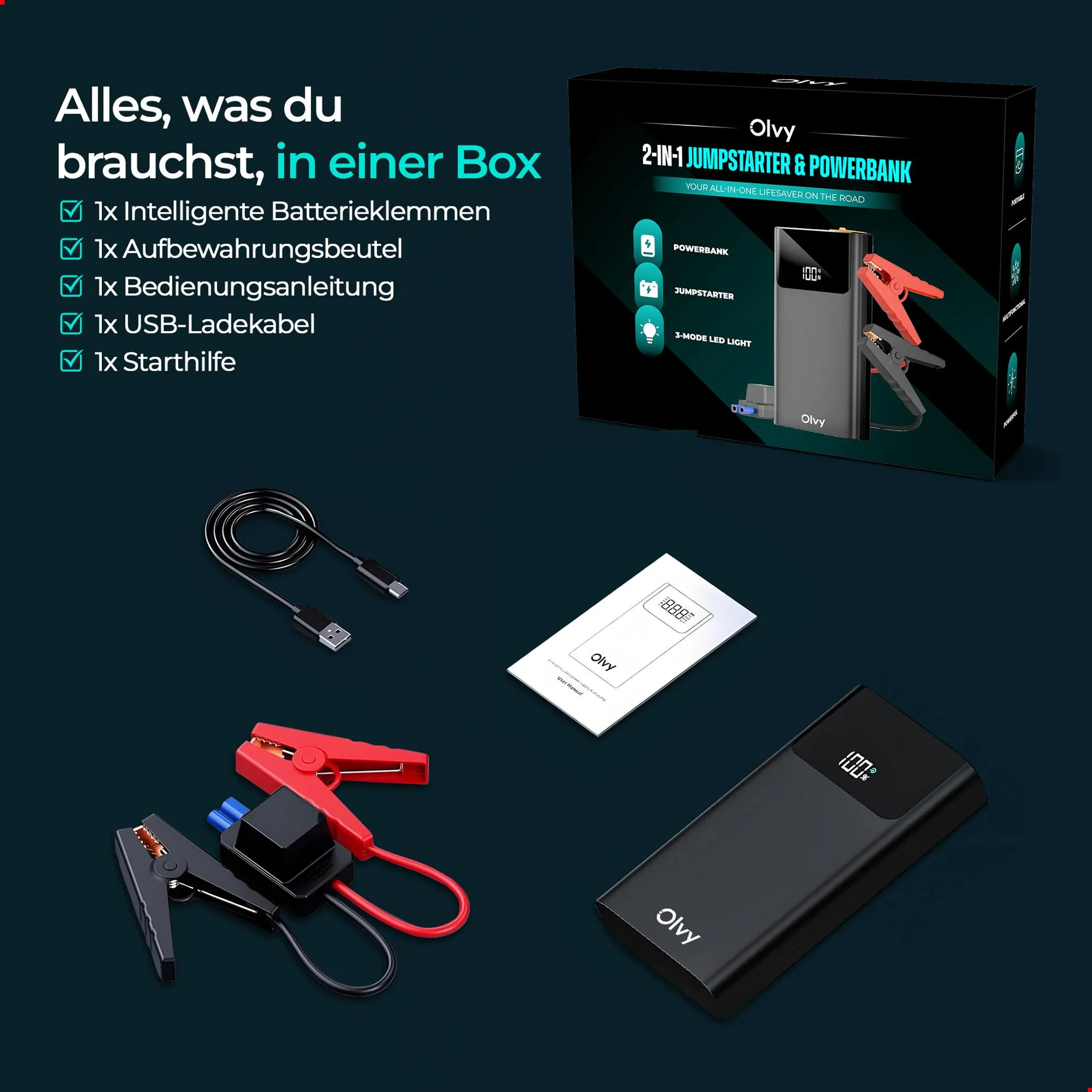 Avviatore Olvy 2 in 1, powerbank, cavi, pinze e manuale su sfondo scuro accanto alla scatola.