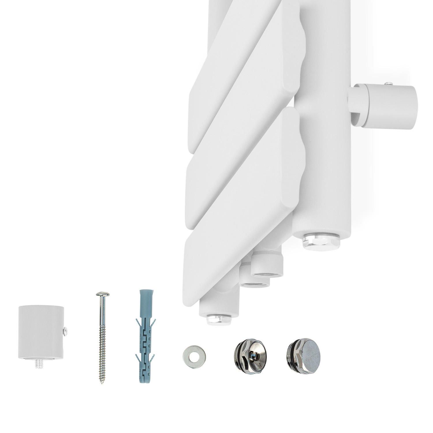 Parte di un radiatore di design bianco con ferramenta di montaggio in basso su sfondo bianco.