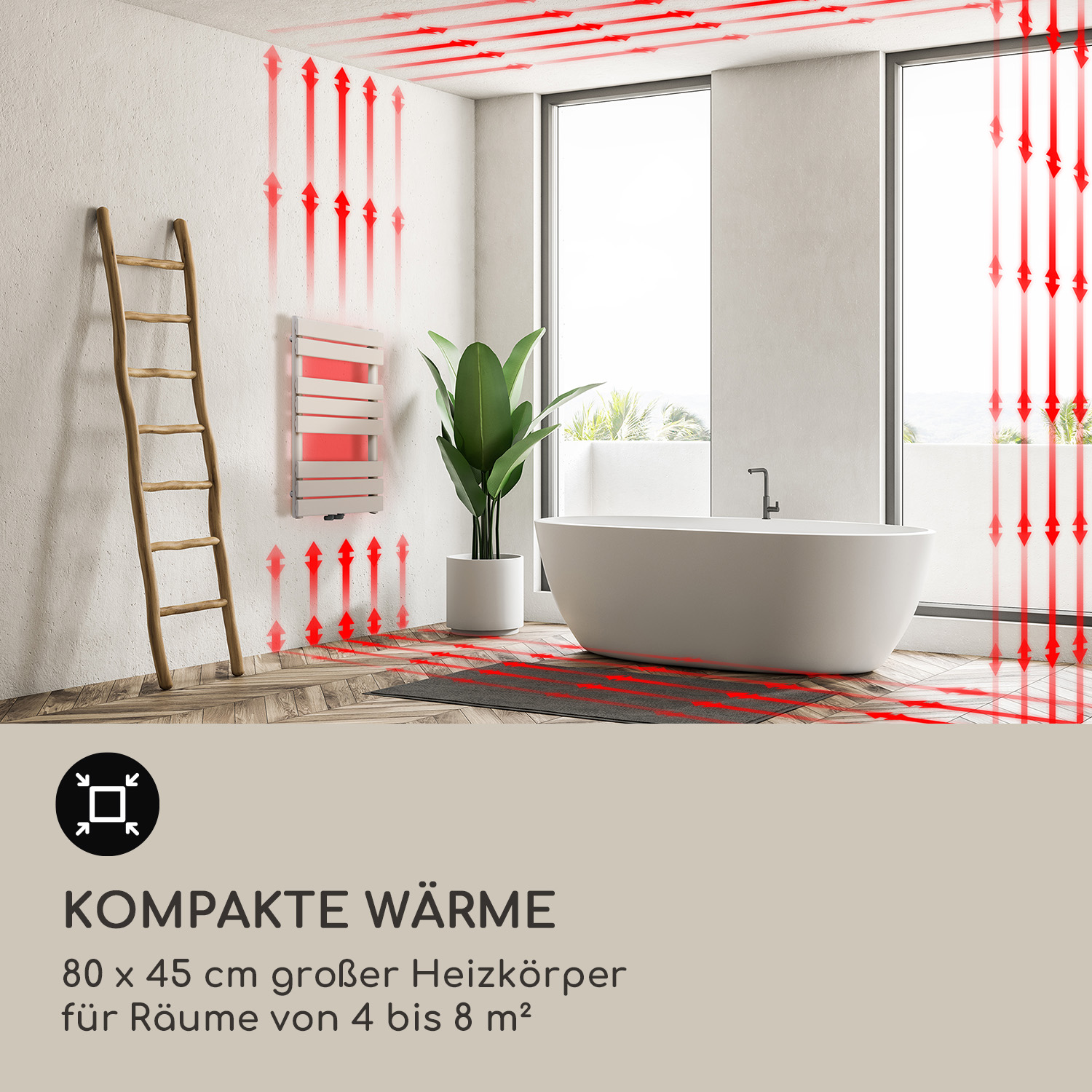 Bagno con vasca bianca, scaldasalviette e frecce rosse per la distribuzione del calore.