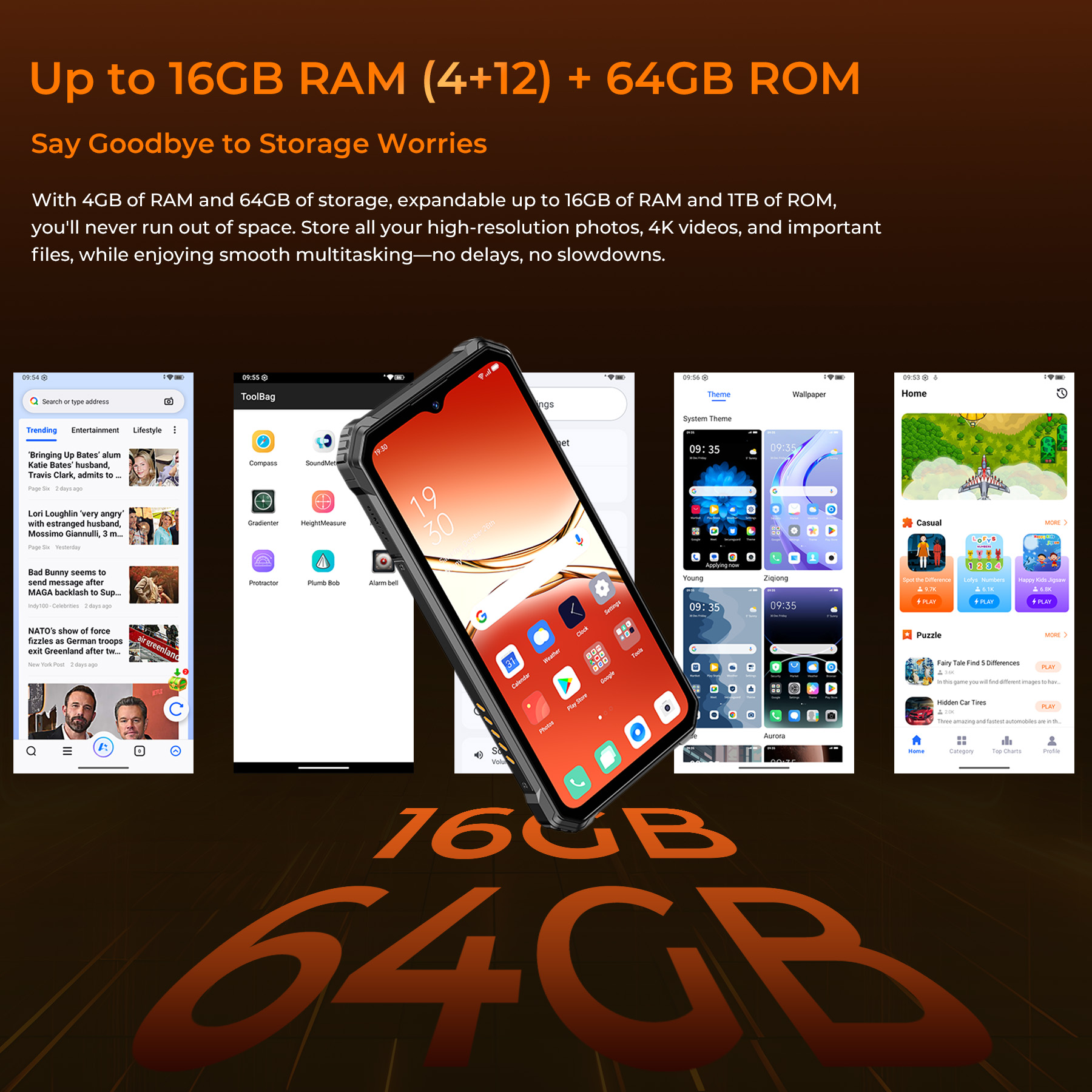 Smartphone con gran RAM y almacenamiento, rodeado de varias pantallas de interfaz.