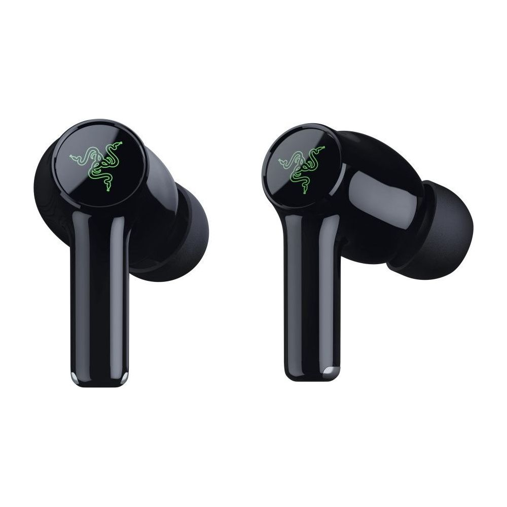 Due auricolari wireless neri con logo Razer verde sulla superficie touch circolare su uno sfondo bianco.