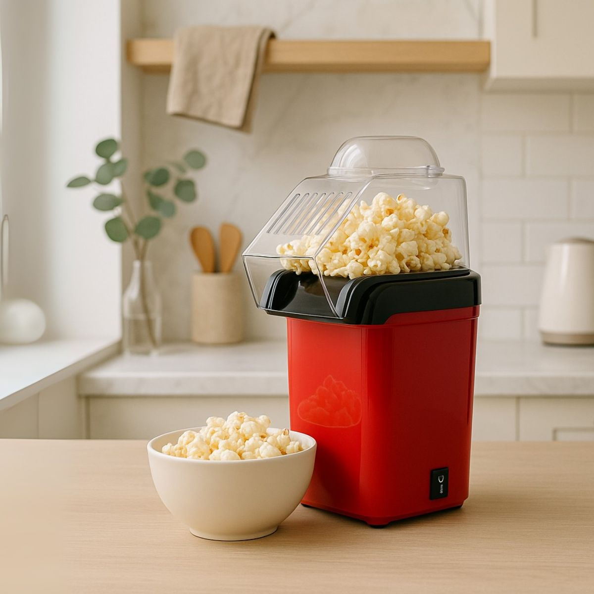 A red and black popcorn maker filled with popcorn sits on a wooden table beside a bowl of popcorn in a bright kitchen.