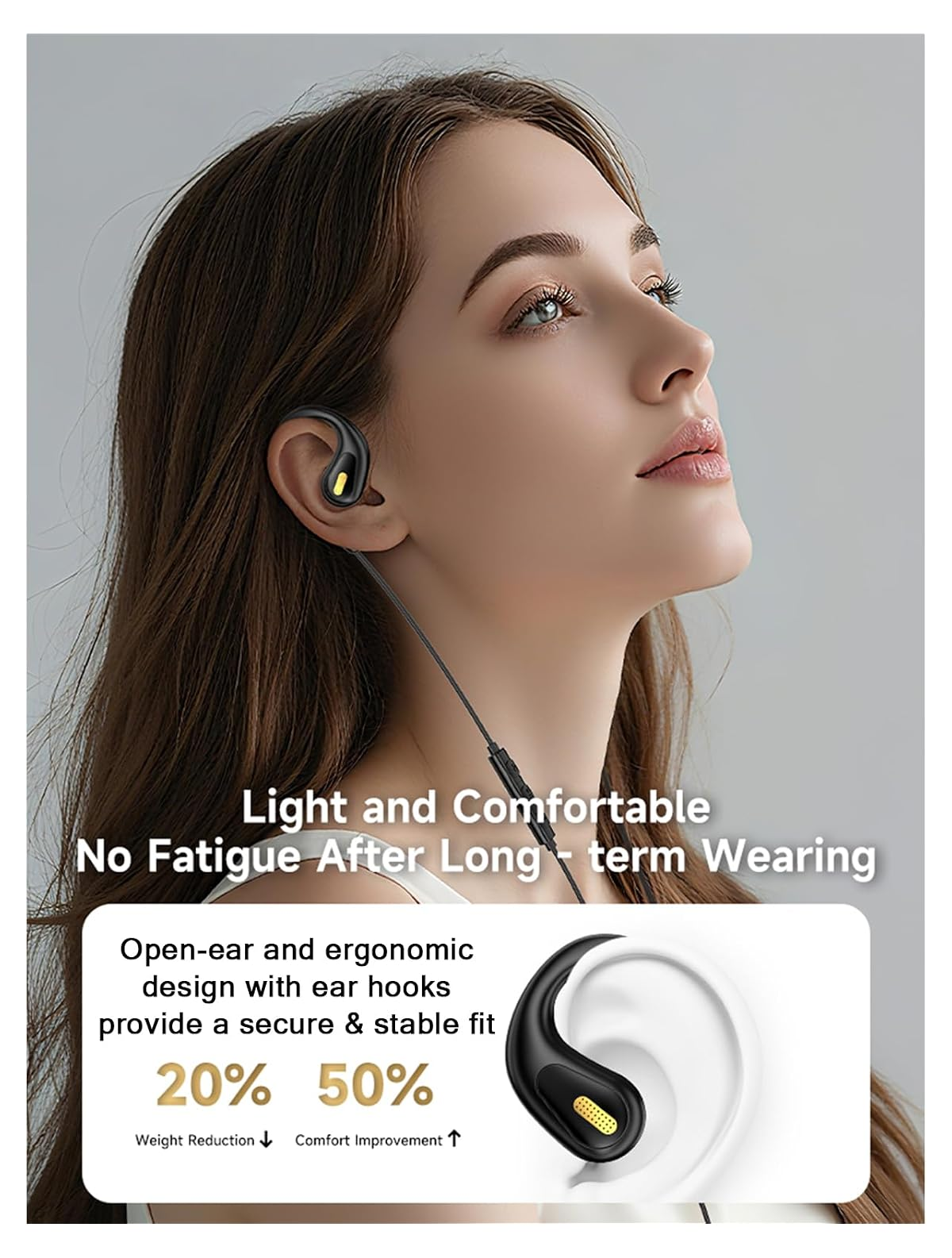 Eine Frau mit ergonomischen Open-Ear-Kopfhörern mit Ohrbügeln für leichten Komfort.