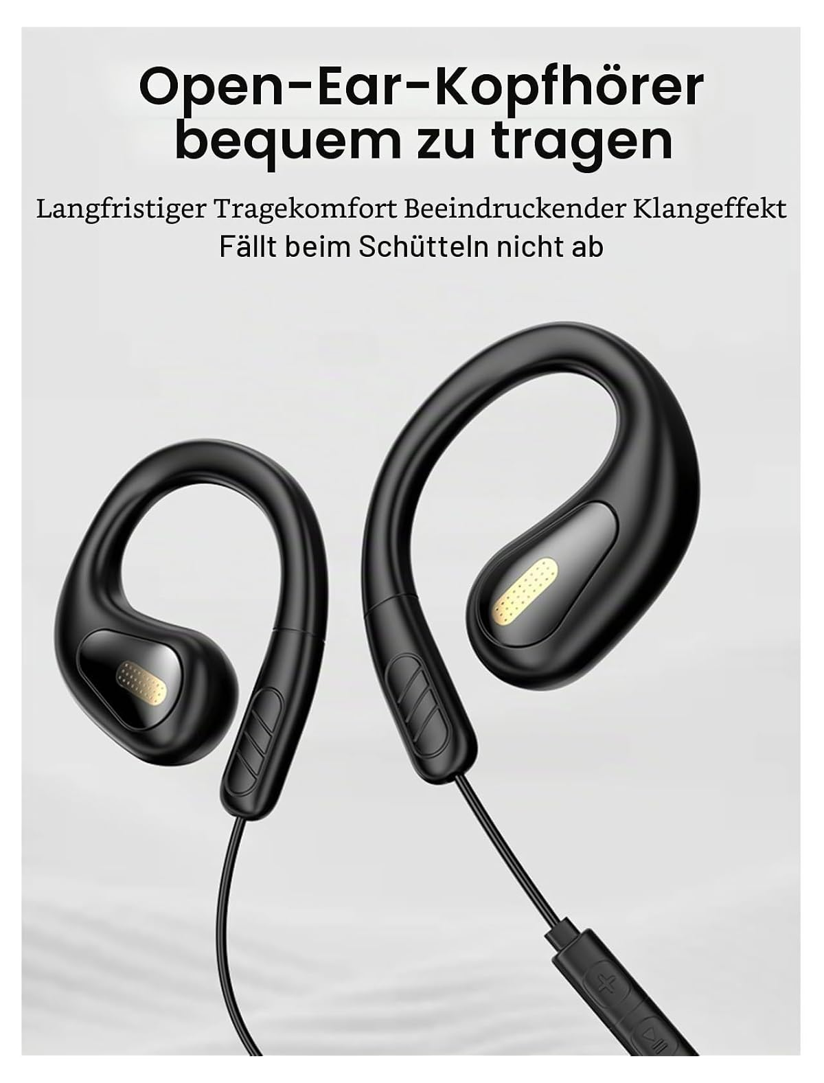 Schwarze Open-Ear-Kopfhörer mit Bügel und In-Line-Fernbedienung vor hellem Hintergrund.