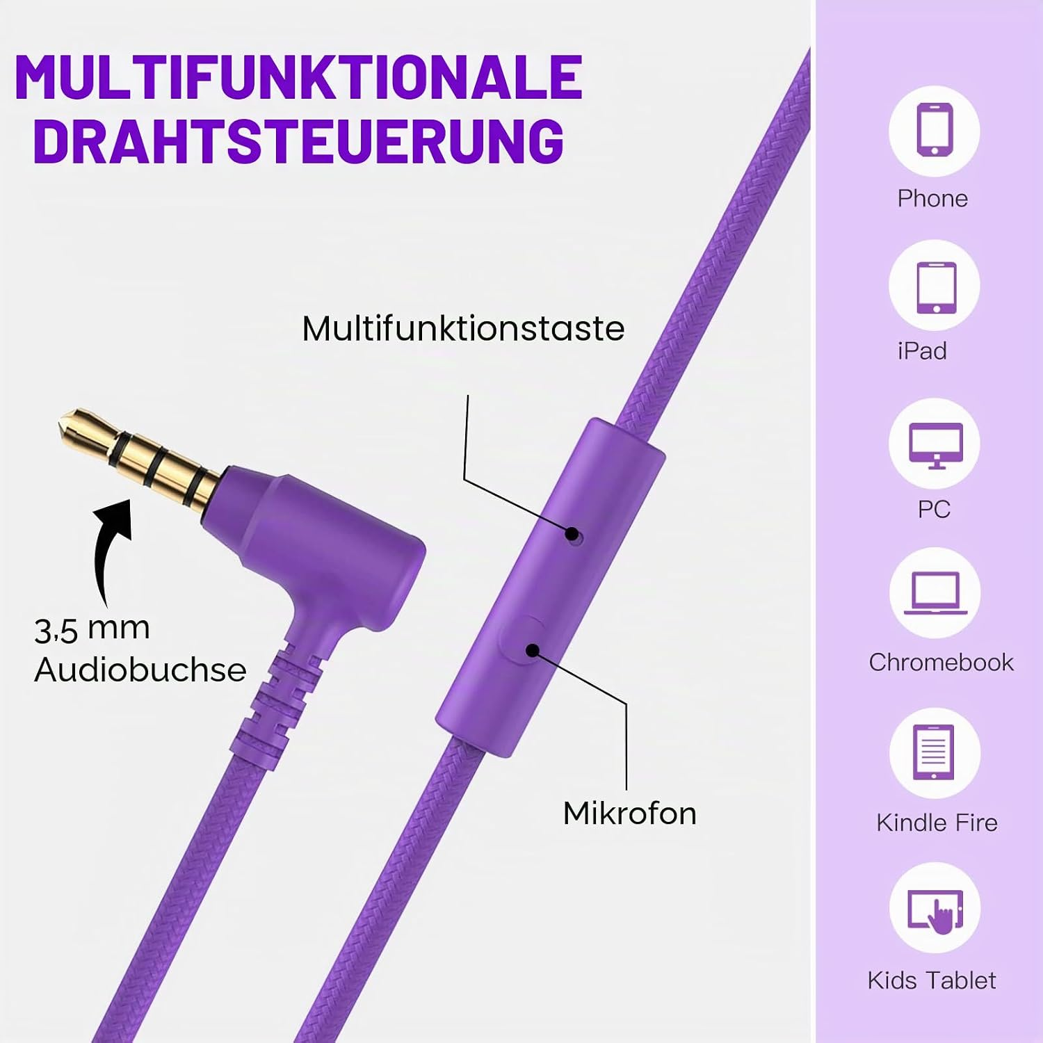 Lila 3,5mm-Audiokabel mit Multifunktionstaste, Mikrofon und kompatiblen Geräten.