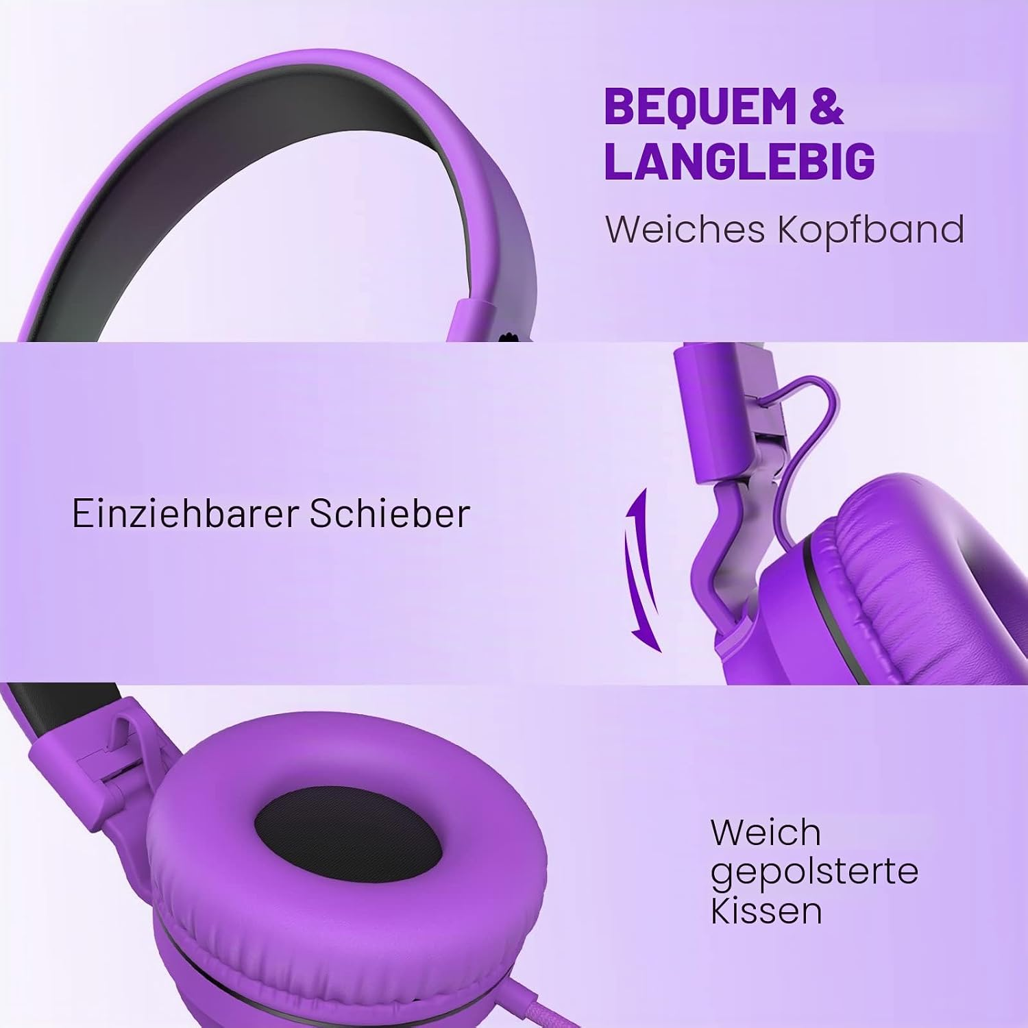 Drei Paneele mit lila Kopfhörern, die ein weiches Kopfband, einen Schieber und gepolsterte Ohrmuscheln zeigen.