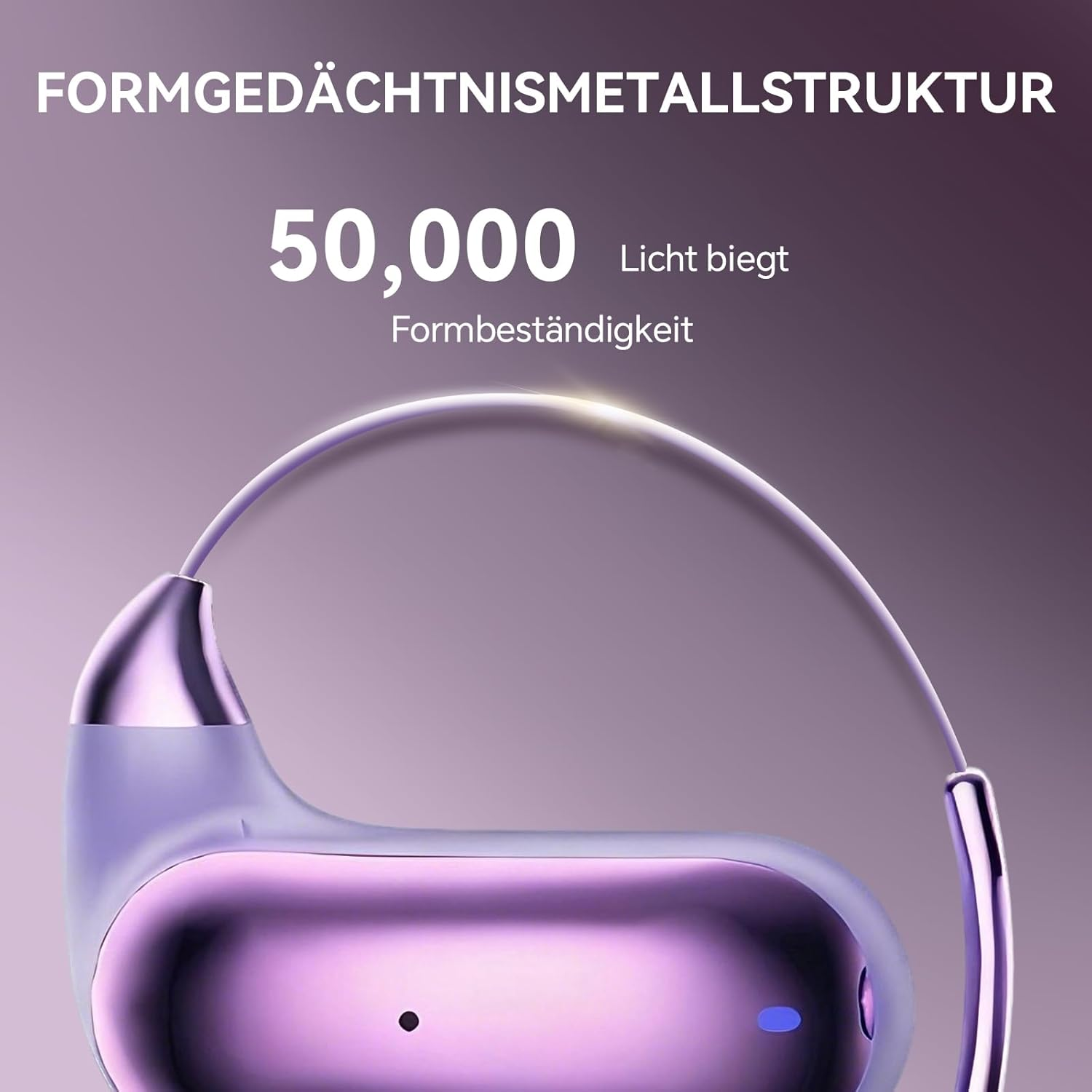 Lila Ohrhörer mit biegsamem Metallbügel und Text auf violettem Hintergrund.