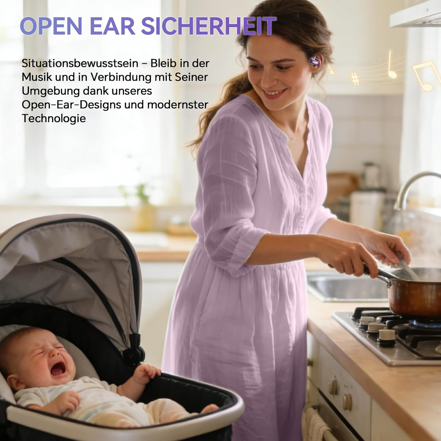 Eine Frau in einem fliederfarbenen Kleid kocht in der Küche, während ein Baby in einem Kinderwagen weint.
